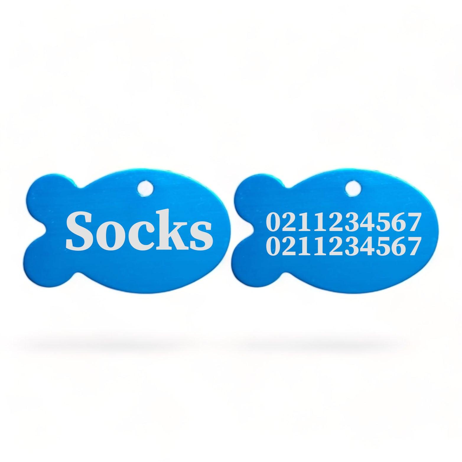 ⭐️Purr. Meow. Woof.⭐️ - Name Front & 2 Numbers Back | Fish Aluminum | Cat, Kitten & Dog ID Pet Tag - DodgerBlue