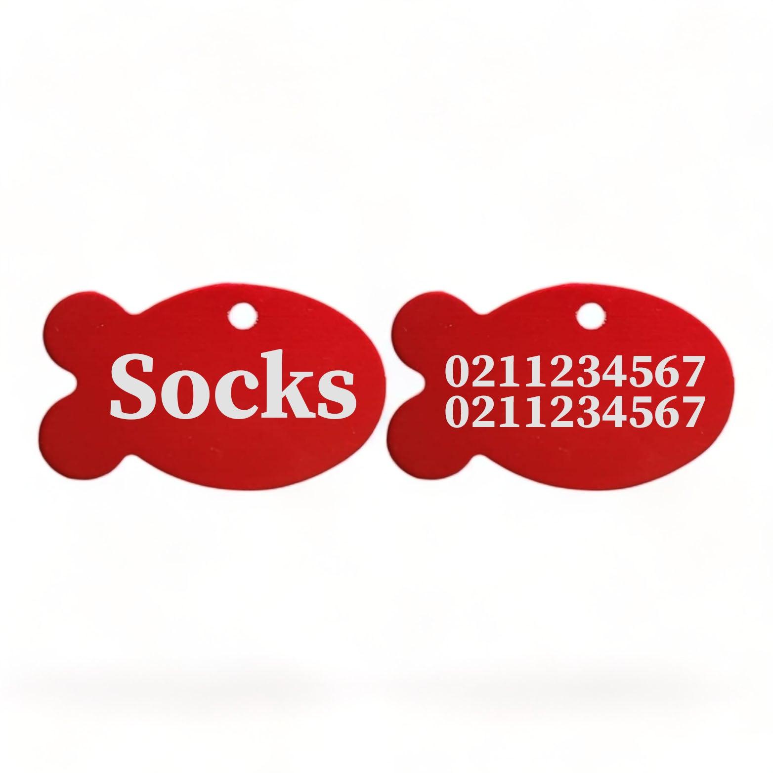 ⭐️Purr. Meow. Woof.⭐️ - Name Front & 2 Numbers Back | Fish Aluminum | Cat, Kitten & Dog ID Pet Tag - Firebrick