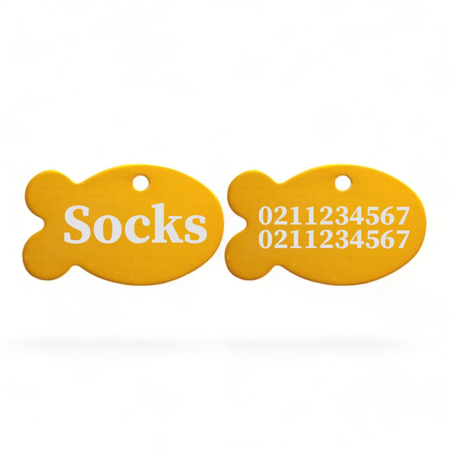 ⭐️Purr. Meow. Woof.⭐️ - Name Front & 2 Numbers Back | Fish Aluminum | Cat, Kitten & Dog ID Pet Tag - Gold