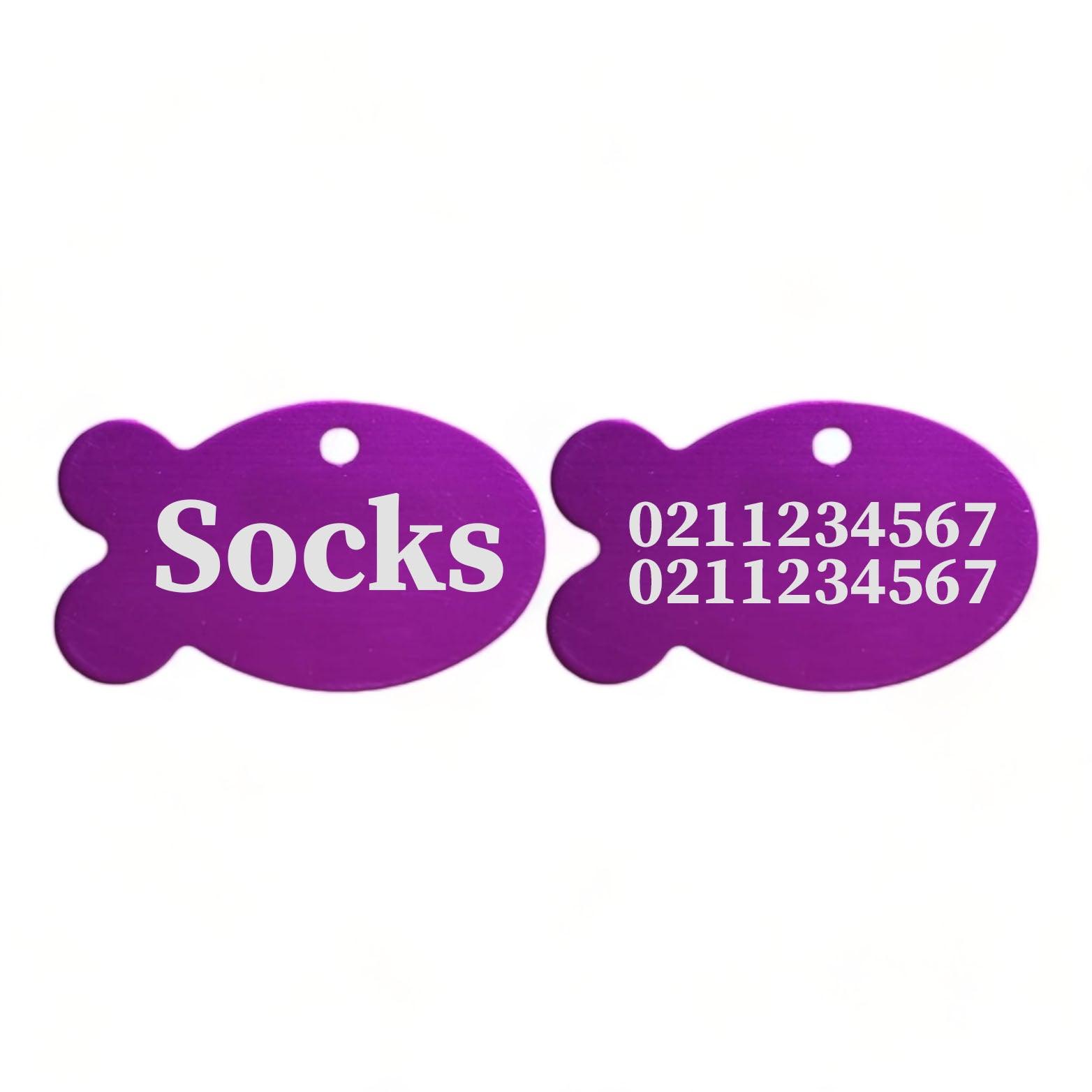 ⭐️Purr. Meow. Woof.⭐️ - Name Front & 2 Numbers Back | Fish Aluminum | Cat, Kitten & Dog ID Pet Tag - Purple