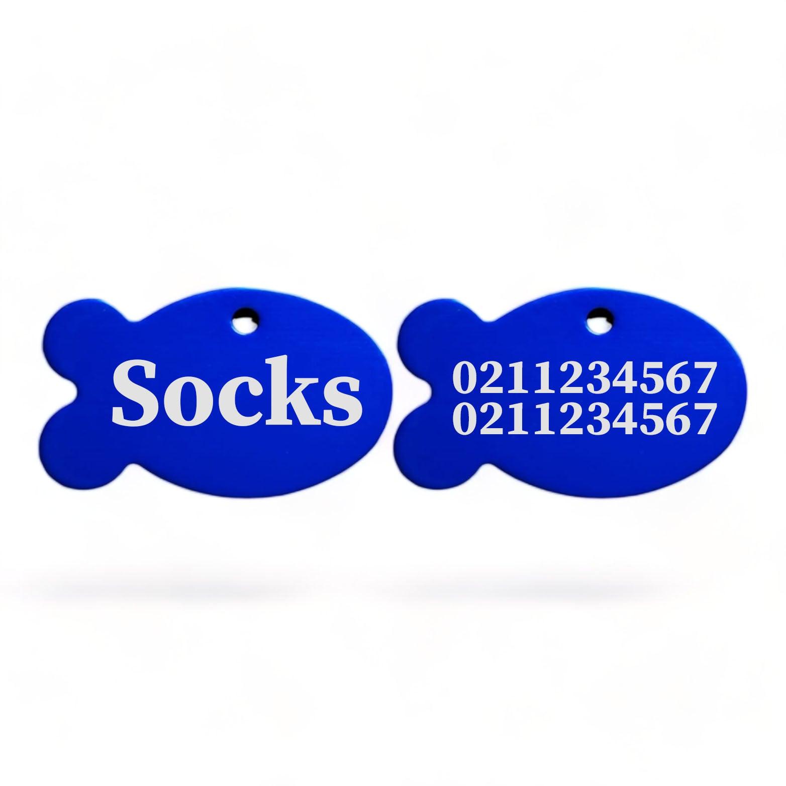 ⭐️Purr. Meow. Woof.⭐️ - Name Front & 2 Numbers Back | Fish Aluminum | Cat, Kitten & Dog ID Pet Tag - RoyalBlue
