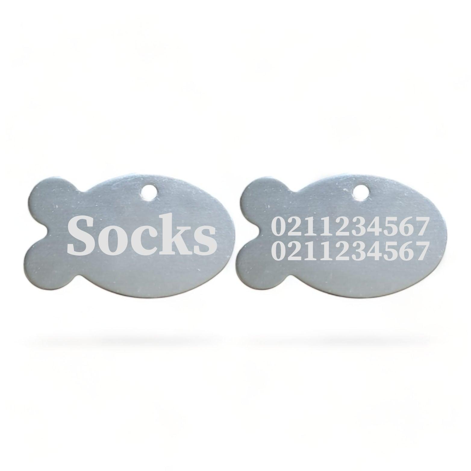 ⭐️Purr. Meow. Woof.⭐️ - Name Front & 2 Numbers Back | Fish Aluminum | Cat, Kitten & Dog ID Pet Tag - Silver