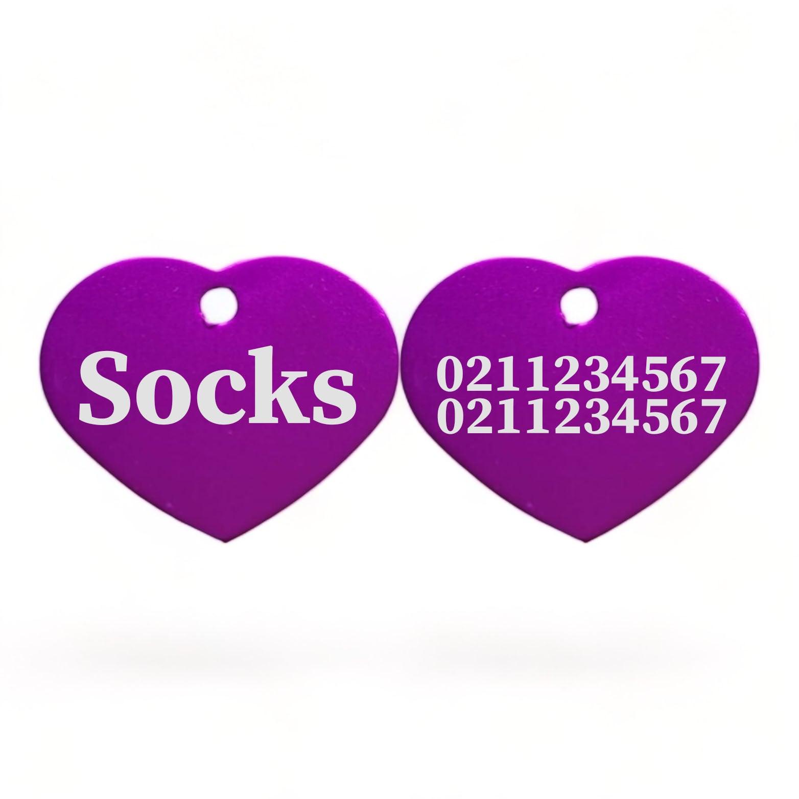 ⭐️Purr. Meow. Woof.⭐️ - Name Front & 2 Numbers Back | Heart Aluminum | Cat, Kitten & Dog ID Pet Tag - Purple