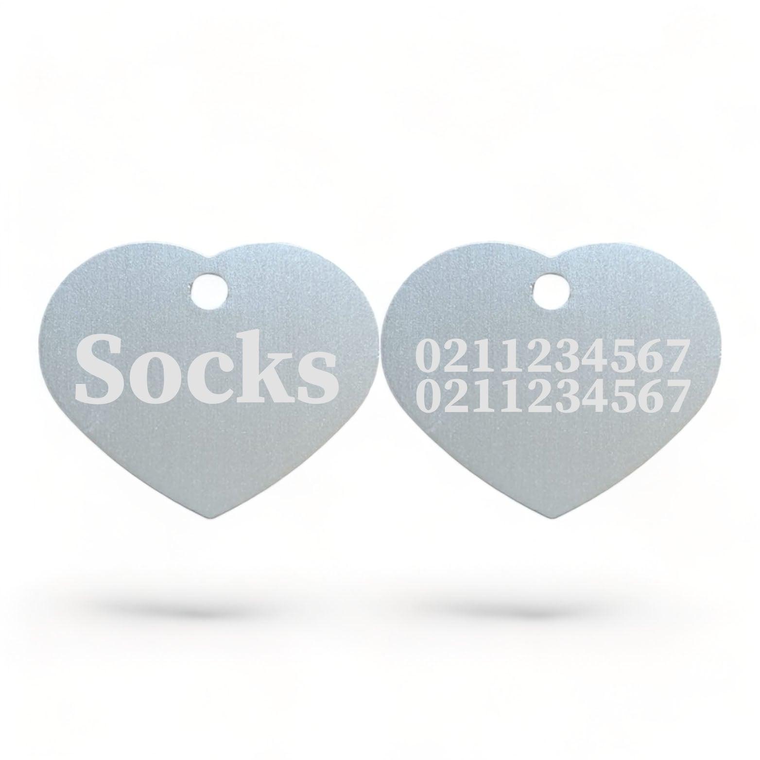 ⭐️Purr. Meow. Woof.⭐️ - Name Front & 2 Numbers Back | Heart Aluminum | Cat, Kitten & Dog ID Pet Tag - Silver