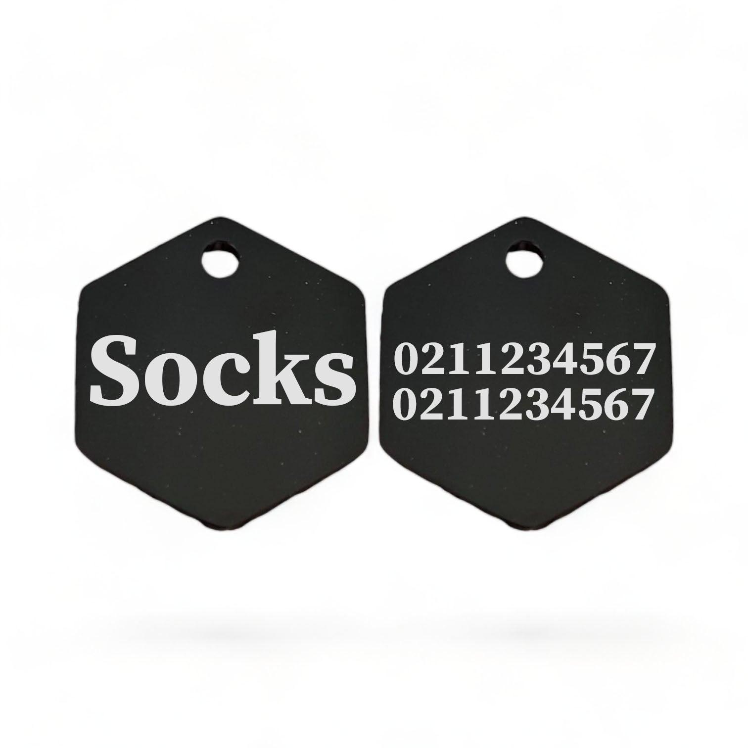 ⭐️Purr. Meow. Woof.⭐️ - Name Front & 2 Numbers Back | Mirror Stainless | Hexagon Cat & Dog ID Pet Tag - Black / Small (Cat)
