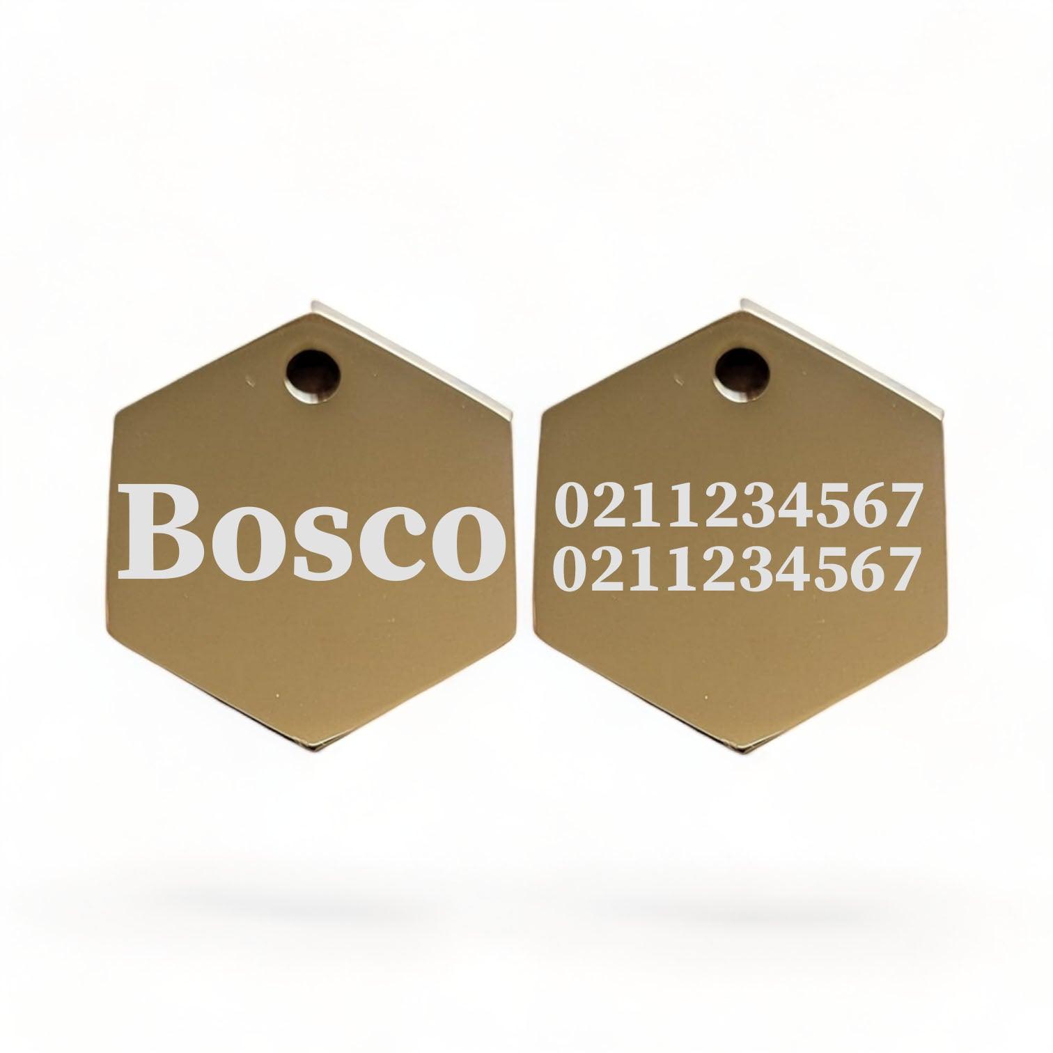 ⭐️Purr. Meow. Woof.⭐️ - Name Front & 2 Numbers Back | Mirror Stainless | Hexagon Cat & Dog ID Pet Tag - Gold / Large (Dog)