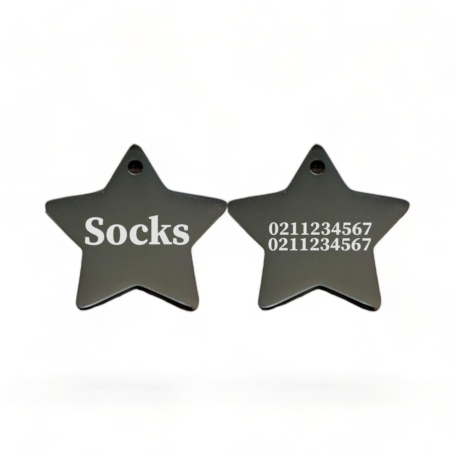 ⭐️Purr. Meow. Woof.⭐️ - Name Front & 2 Numbers Back | Mirror Stainless | Star Dog & Cat ID Pet Tag - Black / Cat (Small)