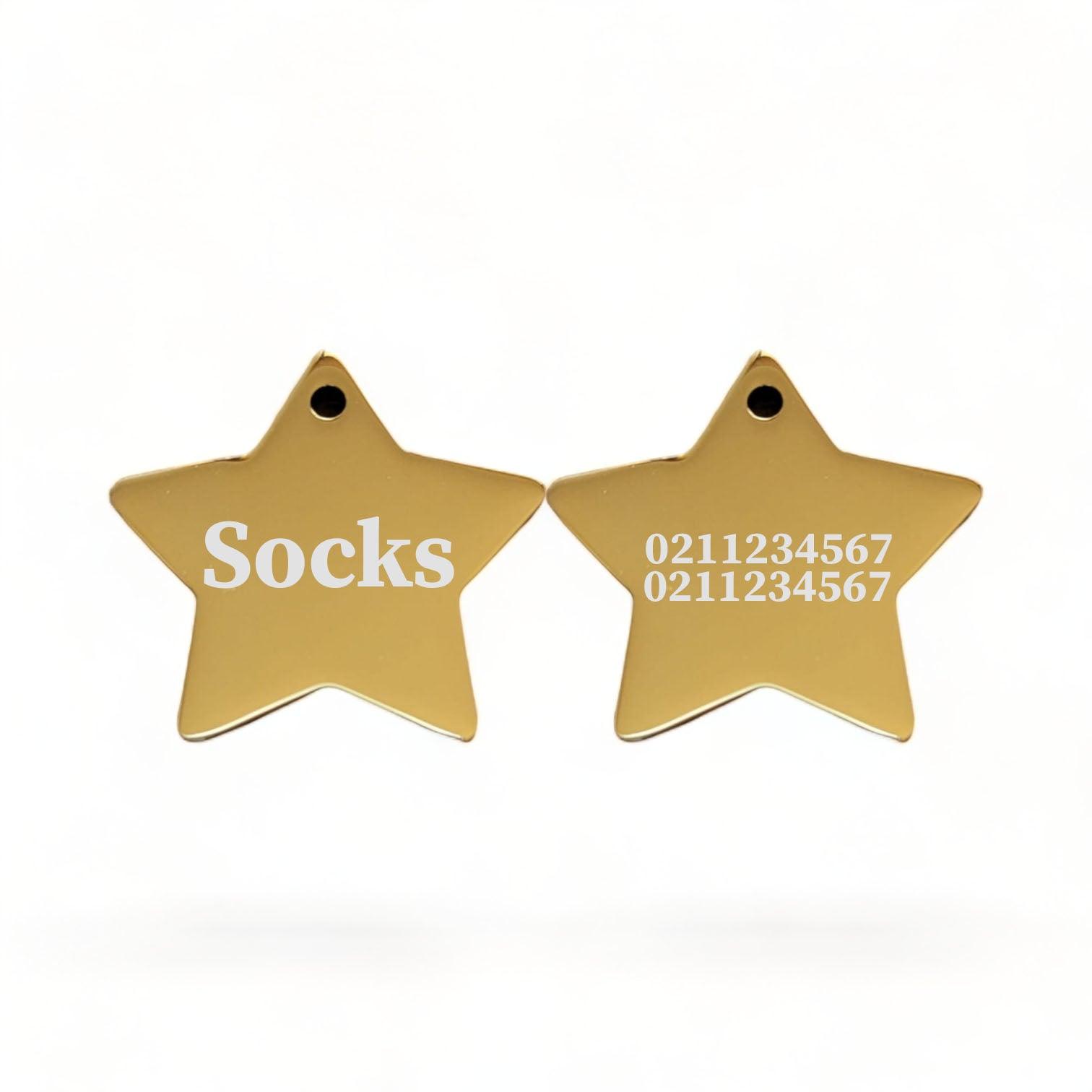 ⭐️Purr. Meow. Woof.⭐️ - Name Front & 2 Numbers Back | Mirror Stainless | Star Dog & Cat ID Pet Tag - Gold / Cat (Small)