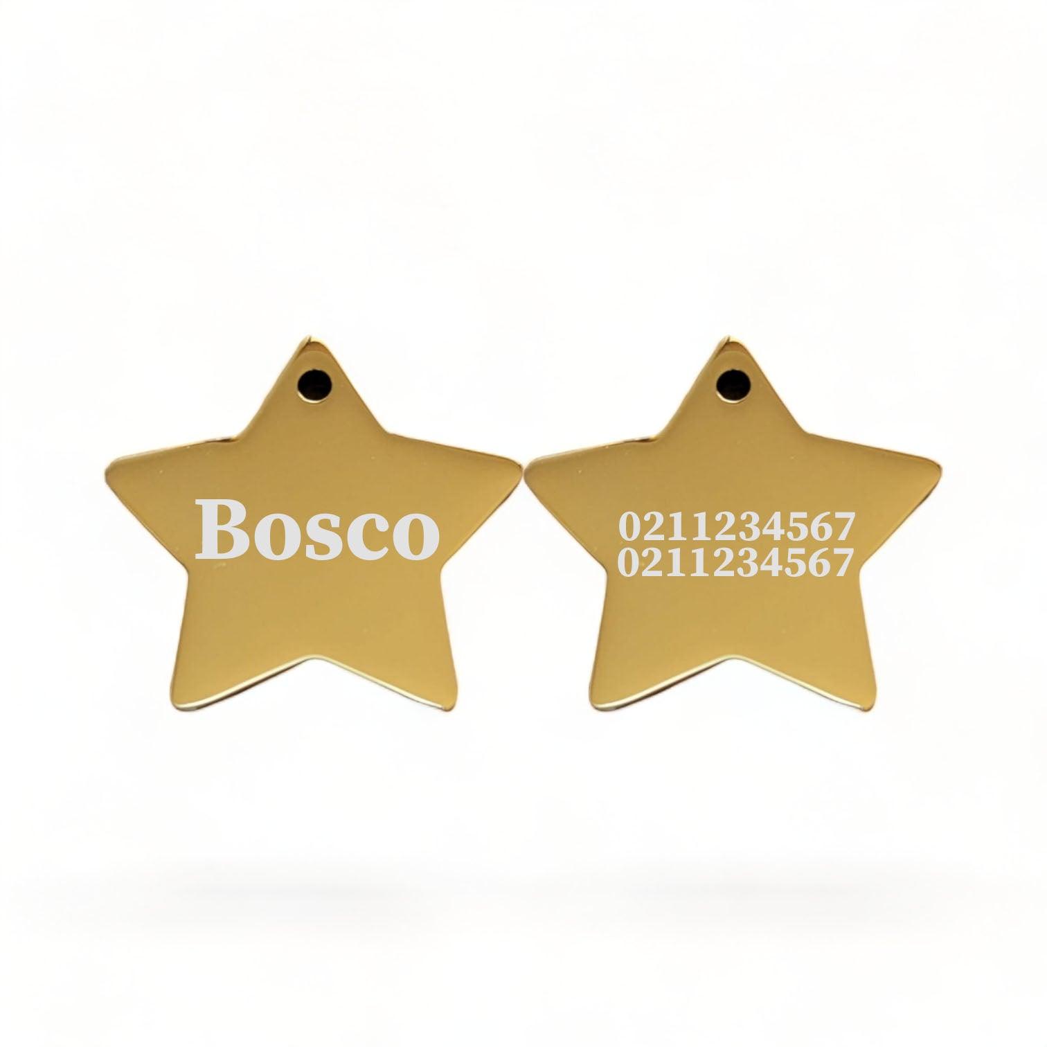 ⭐️Purr. Meow. Woof.⭐️ - Name Front & 2 Numbers Back | Mirror Stainless | Star Dog & Cat ID Pet Tag - Gold / Dog (Large)