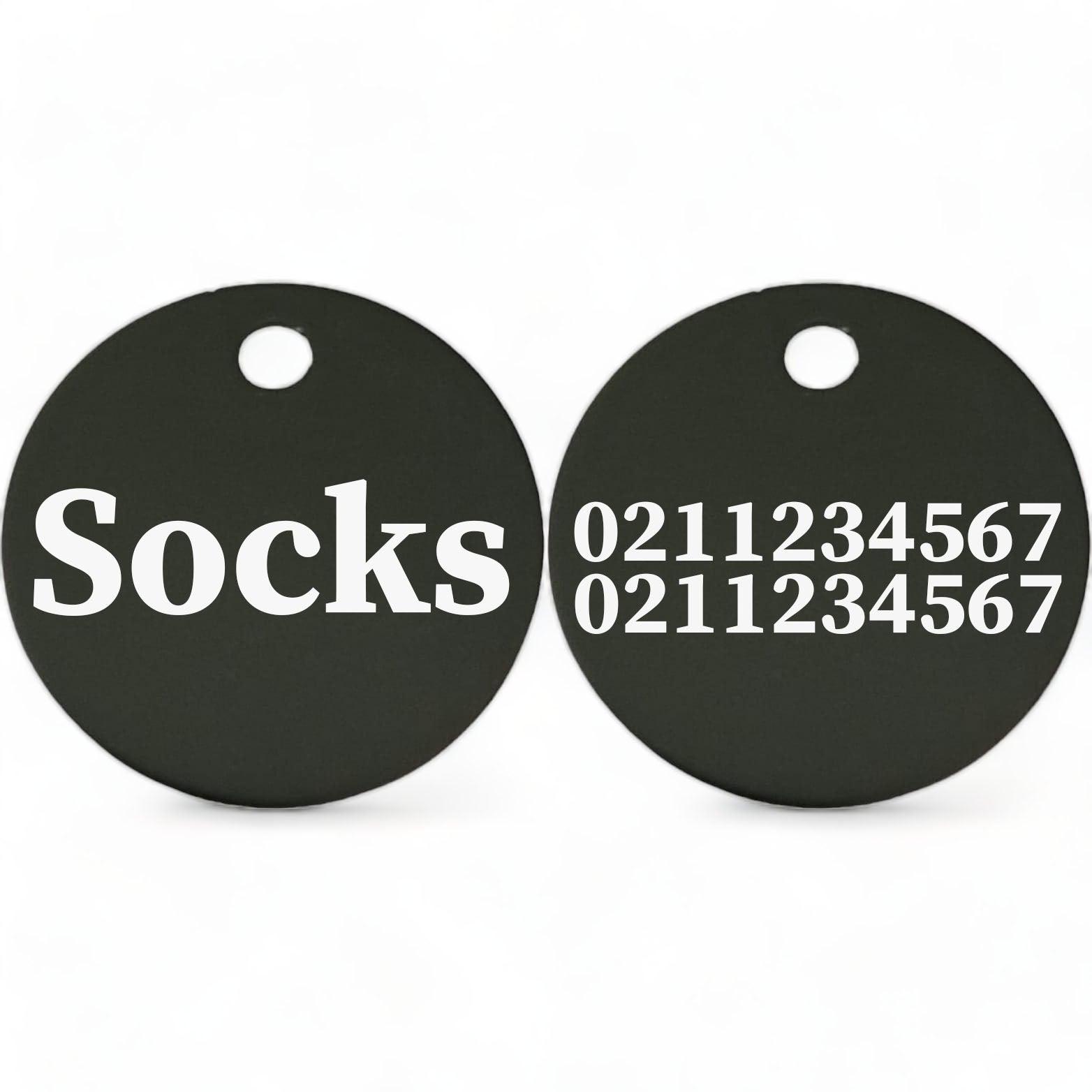 ⭐️Purr. Meow. Woof.⭐️ - Name Front & 2 Numbers Back | Round Aluminium | Cat, Kitten & Dog ID Pet Tag - Black / Cat (Small)