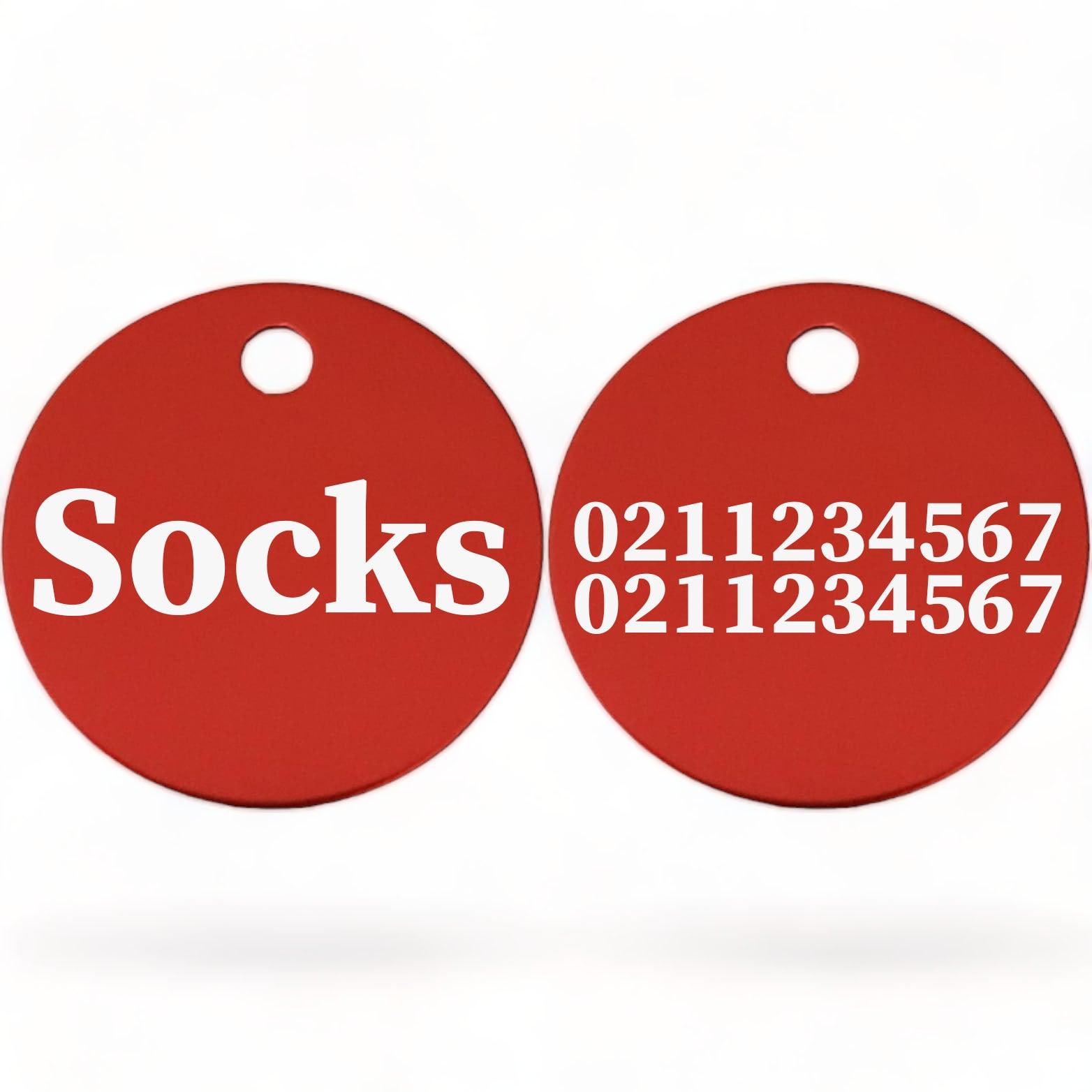 ⭐️Purr. Meow. Woof.⭐️ - Name Front & 2 Numbers Back | Round Aluminium | Cat, Kitten & Dog ID Pet Tag - Firebrick / Cat (Small)