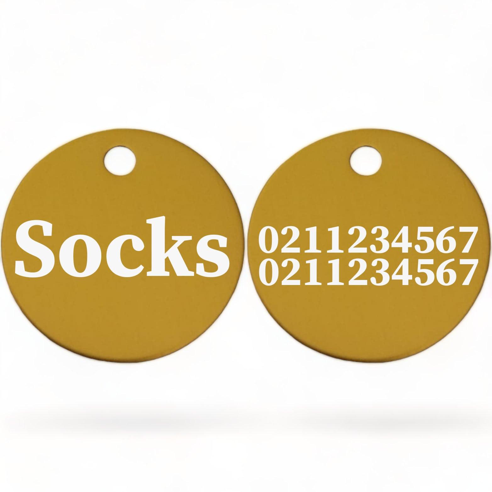 ⭐️Purr. Meow. Woof.⭐️ - Name Front & 2 Numbers Back | Round Aluminium | Cat, Kitten & Dog ID Pet Tag - Gold / Cat (Small)