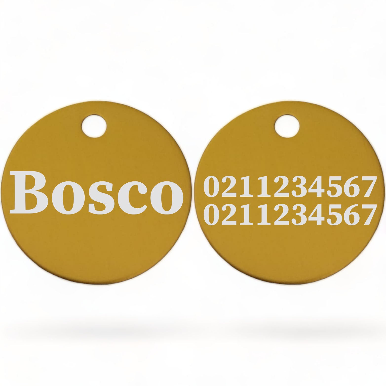 ⭐️Purr. Meow. Woof.⭐️ - Name Front & 2 Numbers Back | Round Aluminium | Cat, Kitten & Dog ID Pet Tag - Gold / Dog (Large)