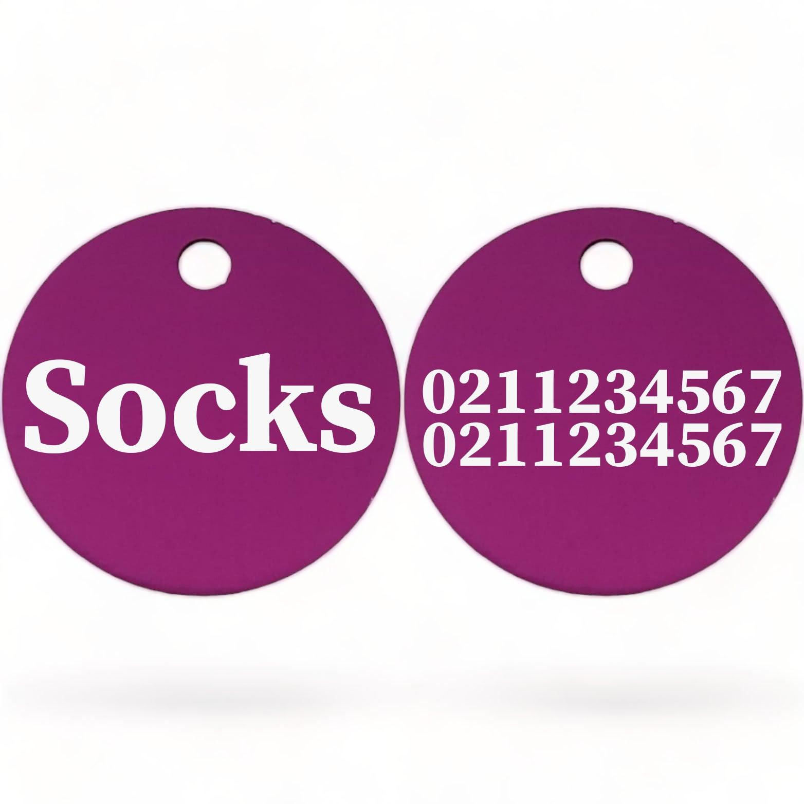 ⭐️Purr. Meow. Woof.⭐️ - Name Front & 2 Numbers Back | Round Aluminium | Cat, Kitten & Dog ID Pet Tag - Purple / Cat (Small)
