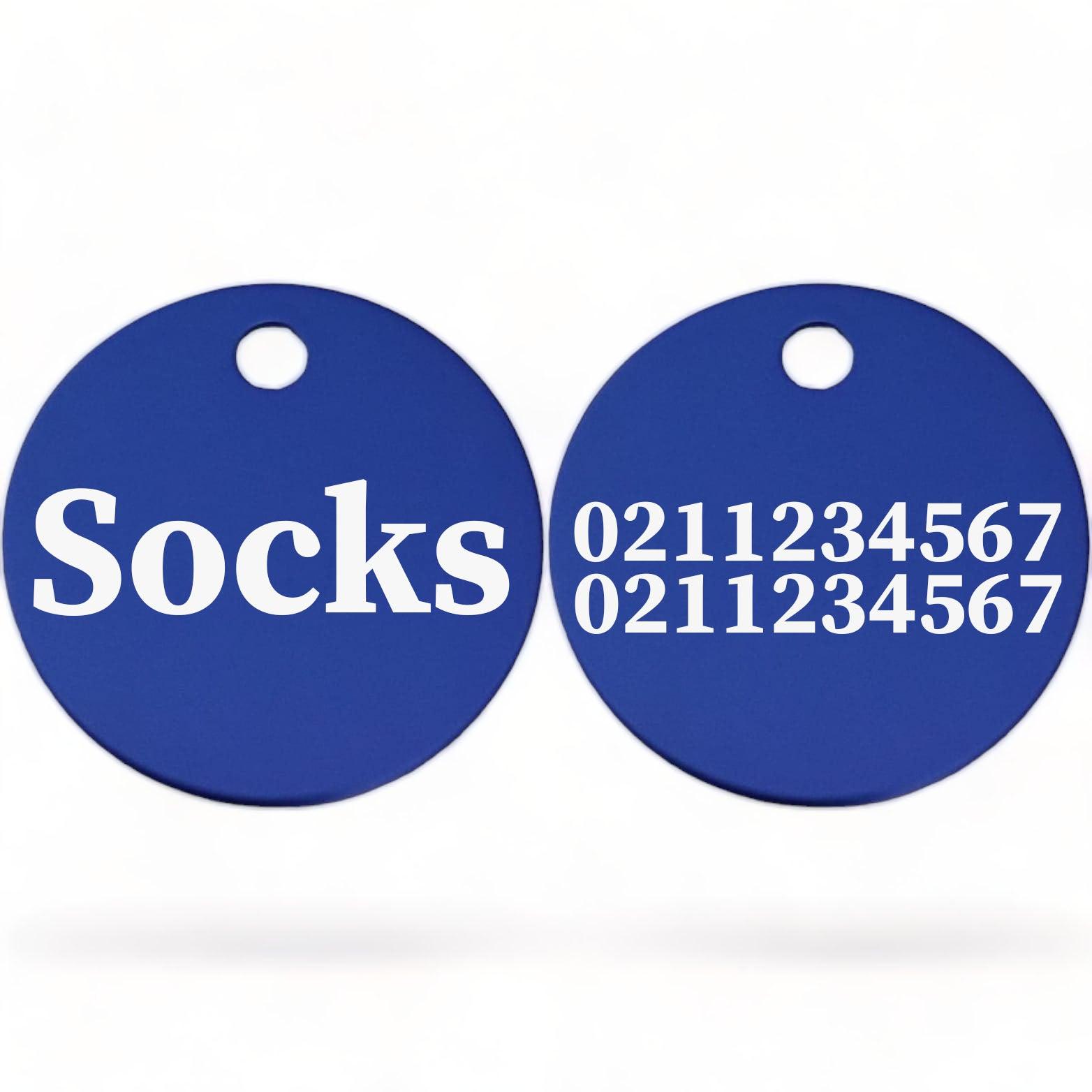 ⭐️Purr. Meow. Woof.⭐️ - Name Front & 2 Numbers Back | Round Aluminium | Cat, Kitten & Dog ID Pet Tag - RoyalBlue / Cat (Small)