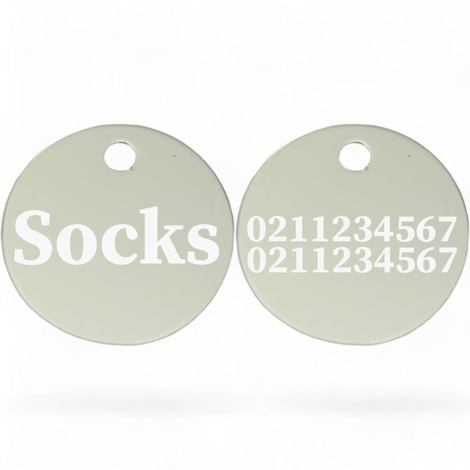 ⭐️Purr. Meow. Woof.⭐️ - Name Front & 2 Numbers Back | Round Aluminium | Cat, Kitten & Dog ID Pet Tag - Silver / Cat (Small)