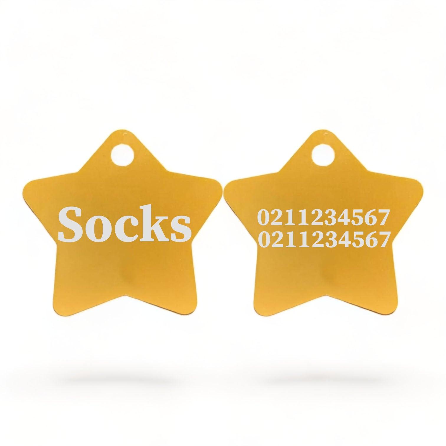 ⭐️Purr. Meow. Woof.⭐️ - Name Front & 2 Numbers Back | Star Aluminum | Cat, Kitten & Dog ID Pet Tag - Gold / Cat (Small)