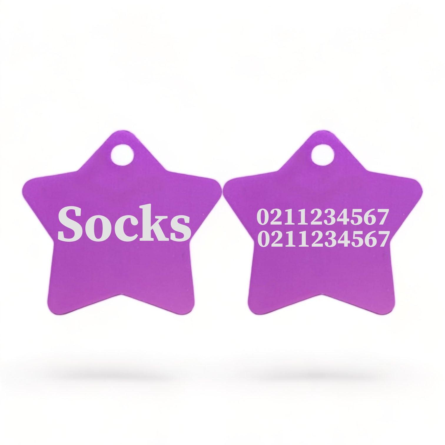 ⭐️Purr. Meow. Woof.⭐️ - Name Front & 2 Numbers Back | Star Aluminum | Cat, Kitten & Dog ID Pet Tag - Purple / Cat (Small)