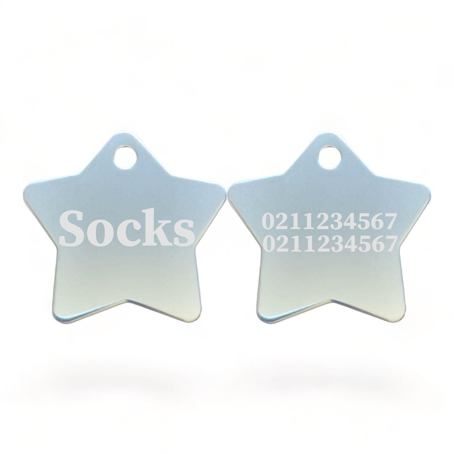 ⭐️Purr. Meow. Woof.⭐️ - Name Front & 2 Numbers Back | Star Aluminum | Cat, Kitten & Dog ID Pet Tag - Silver / Cat (Small)