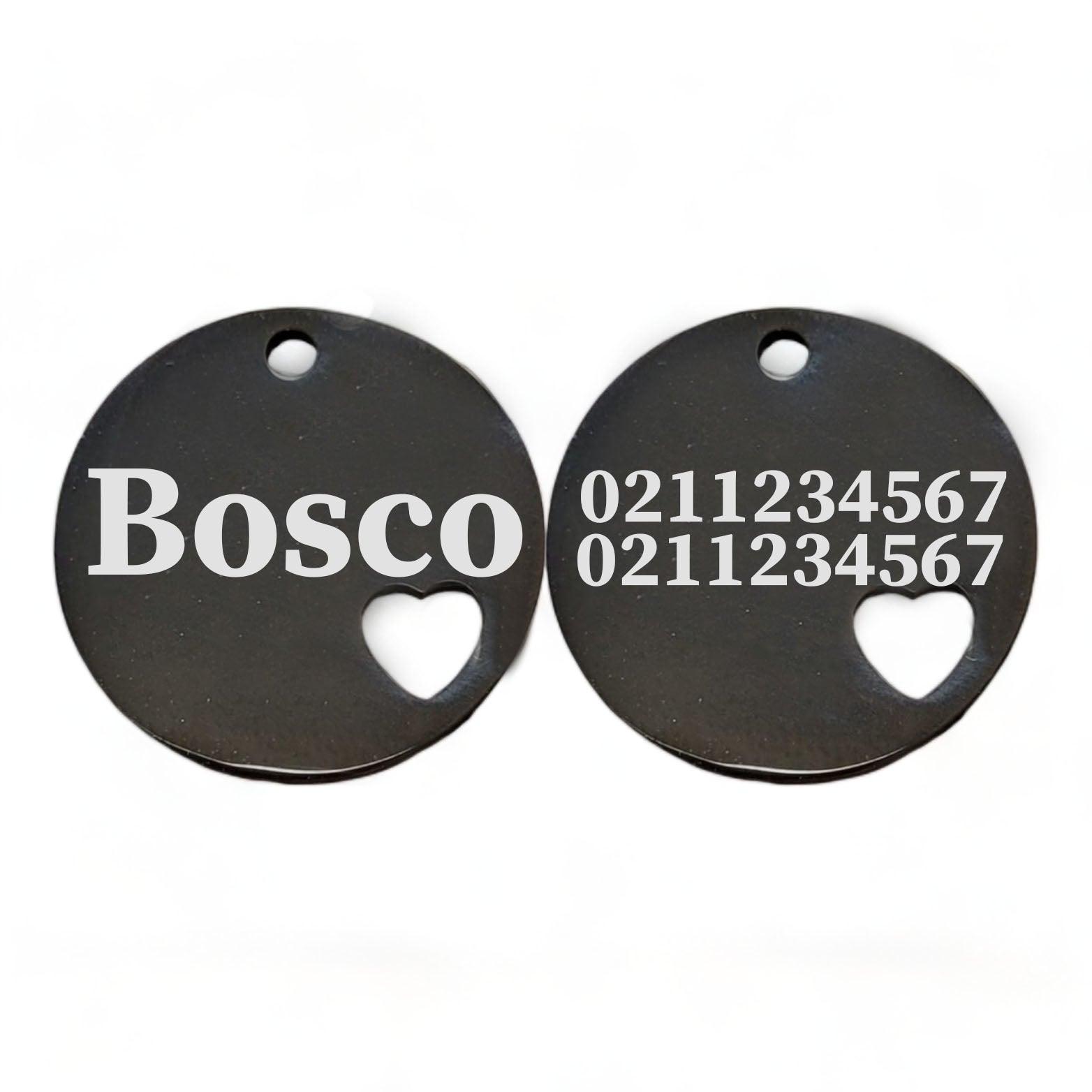 ⭐️Purr. Meow. Woof.⭐️ - Name Front & 2 Numbers Back Round Heart | Mirror Stainless | Cat & Dog ID Pet Tag - Black / Large (Dog)