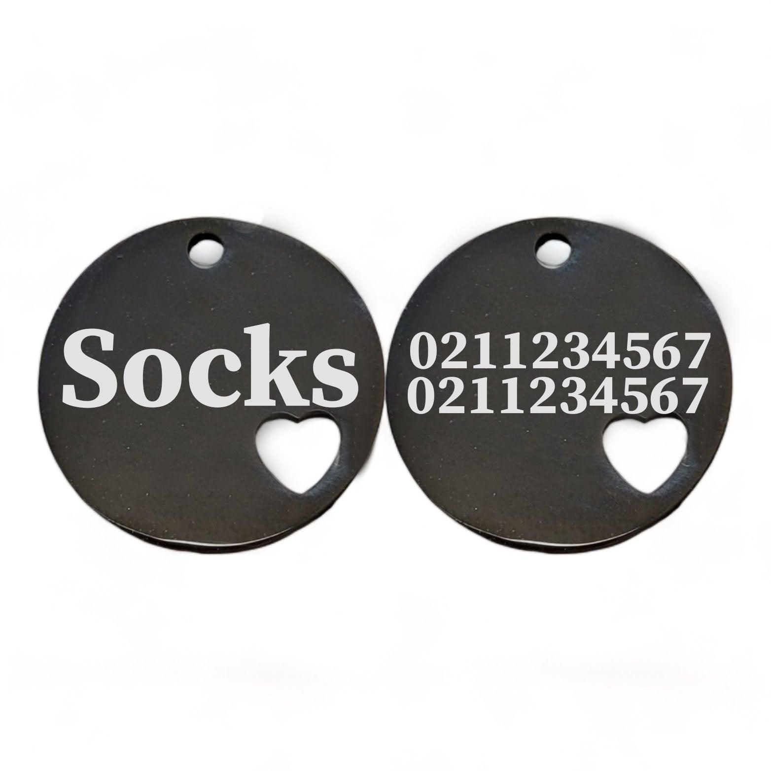 ⭐️Purr. Meow. Woof.⭐️ - Name Front & 2 Numbers Back Round Heart | Mirror Stainless | Cat & Dog ID Pet Tag - Black / Small (Cat)