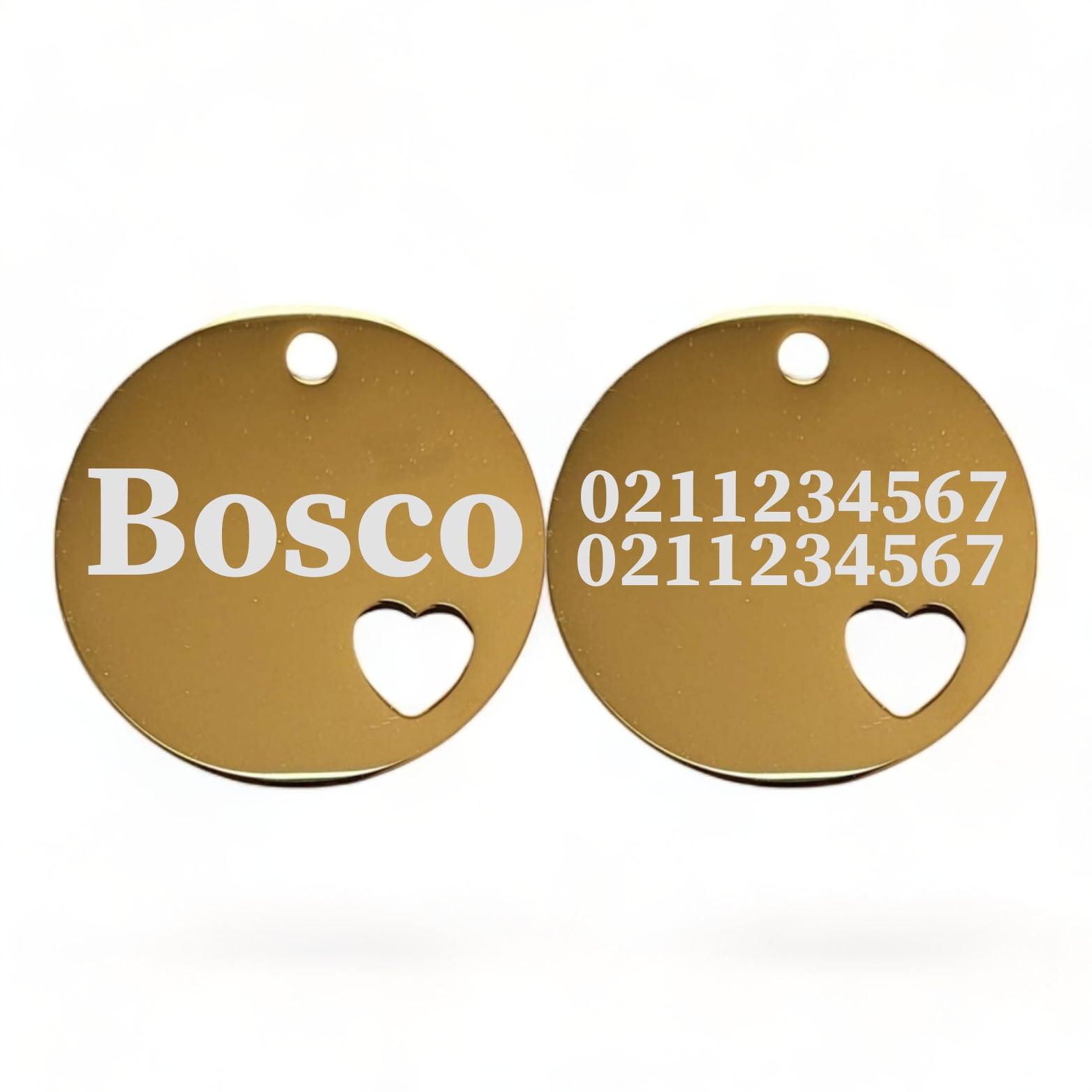 ⭐️Purr. Meow. Woof.⭐️ - Name Front & 2 Numbers Back Round Heart | Mirror Stainless | Cat & Dog ID Pet Tag - Gold / Large (Dog)