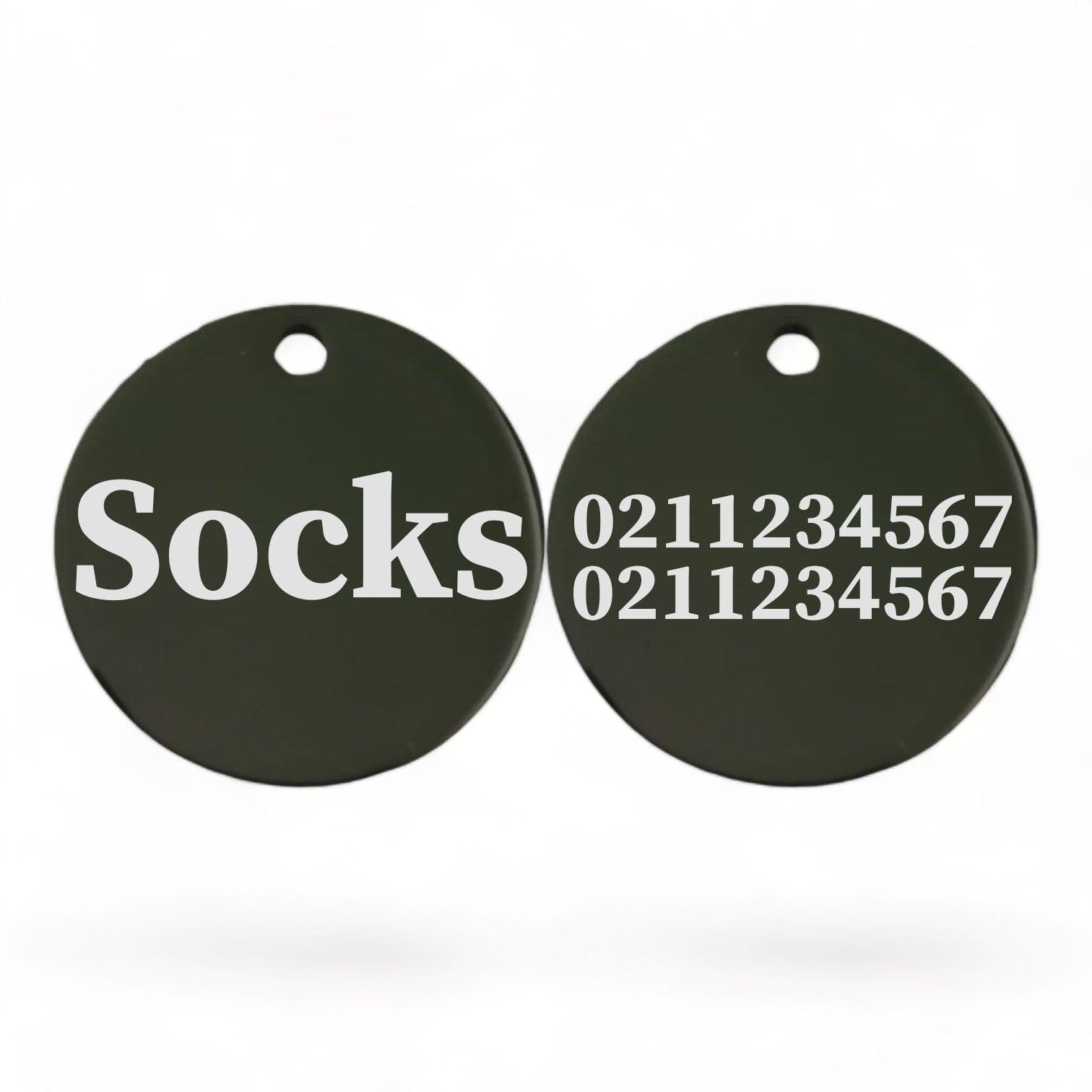 ⭐️Purr. Meow. Woof.⭐️ - Name Front & 2 Numbers Back Round | Mirror Stainless | Cat ID Pet Tag - Black