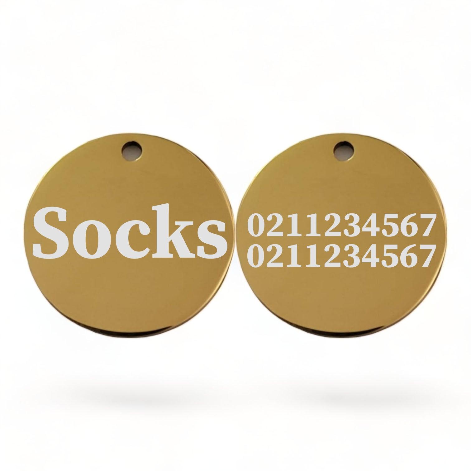 ⭐️Purr. Meow. Woof.⭐️ - Name Front & 2 Numbers Back Round | Mirror Stainless | Cat ID Pet Tag - Gold