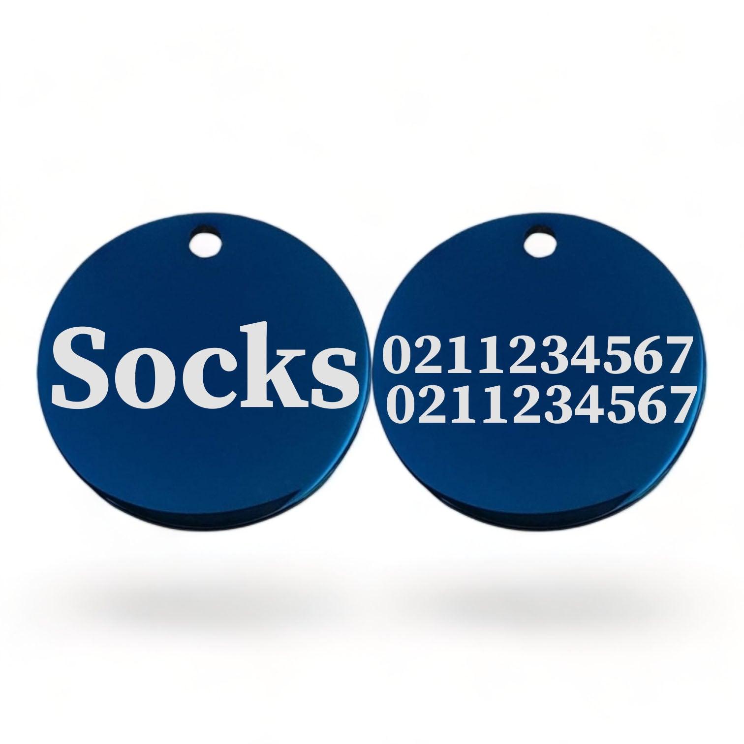 ⭐️Purr. Meow. Woof.⭐️ - Name Front & 2 Numbers Back Round | Mirror Stainless | Cat ID Pet Tag - MidnightBlue