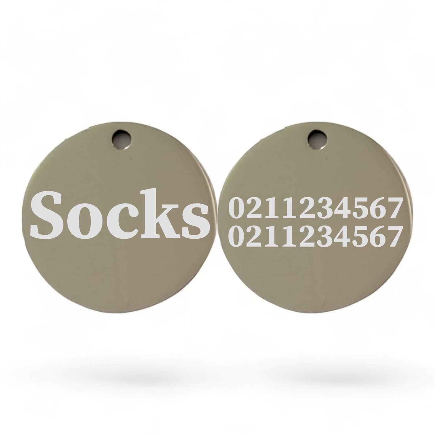 ⭐️Purr. Meow. Woof.⭐️ - Name Front & 2 Numbers Back Round | Mirror Stainless | Cat ID Pet Tag - Silver