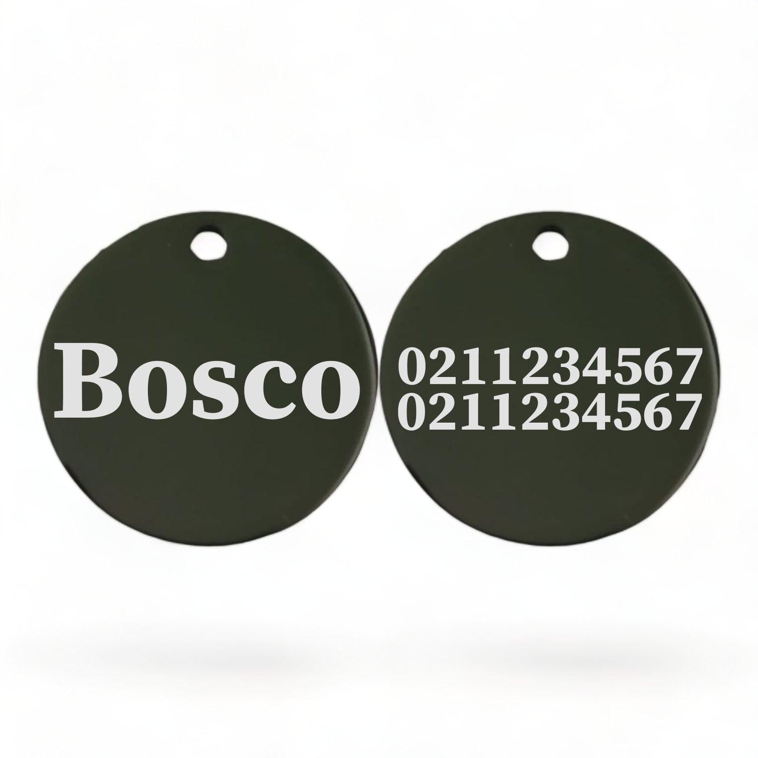 ⭐️Purr. Meow. Woof.⭐️ - Name Front & 2 Numbers Back Round | Mirror Stainless | Dog ID Pet Tag - Black