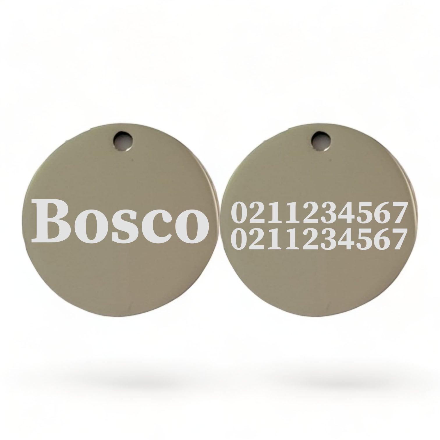 ⭐️Purr. Meow. Woof.⭐️ - Name Front & 2 Numbers Back Round | Mirror Stainless | Dog ID Pet Tag - Silver