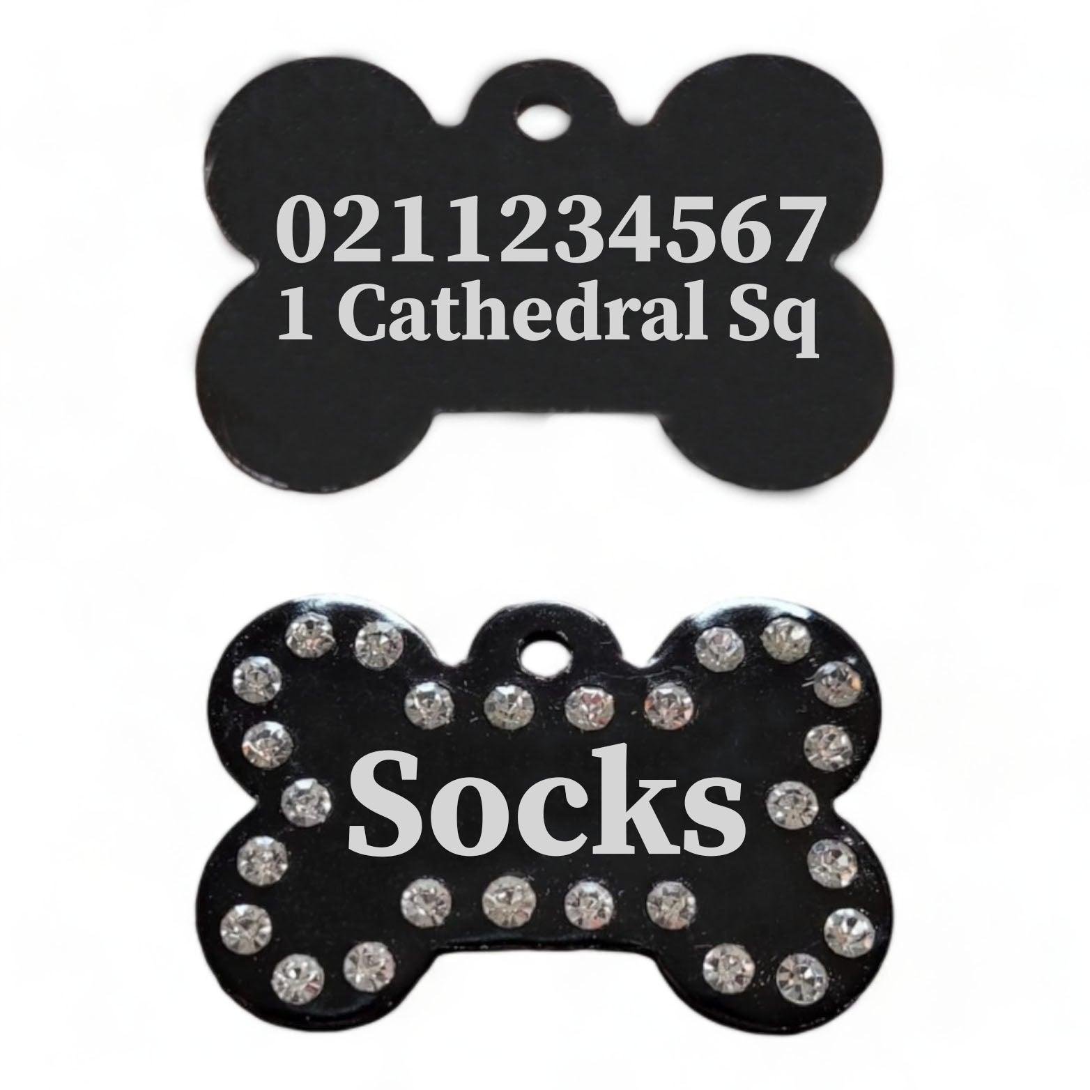 ⭐️Purr. Meow. Woof.⭐️ - Name Front & Number & Address Back | Bling Bone Aluminum | Dog ID Pet Tag - Black