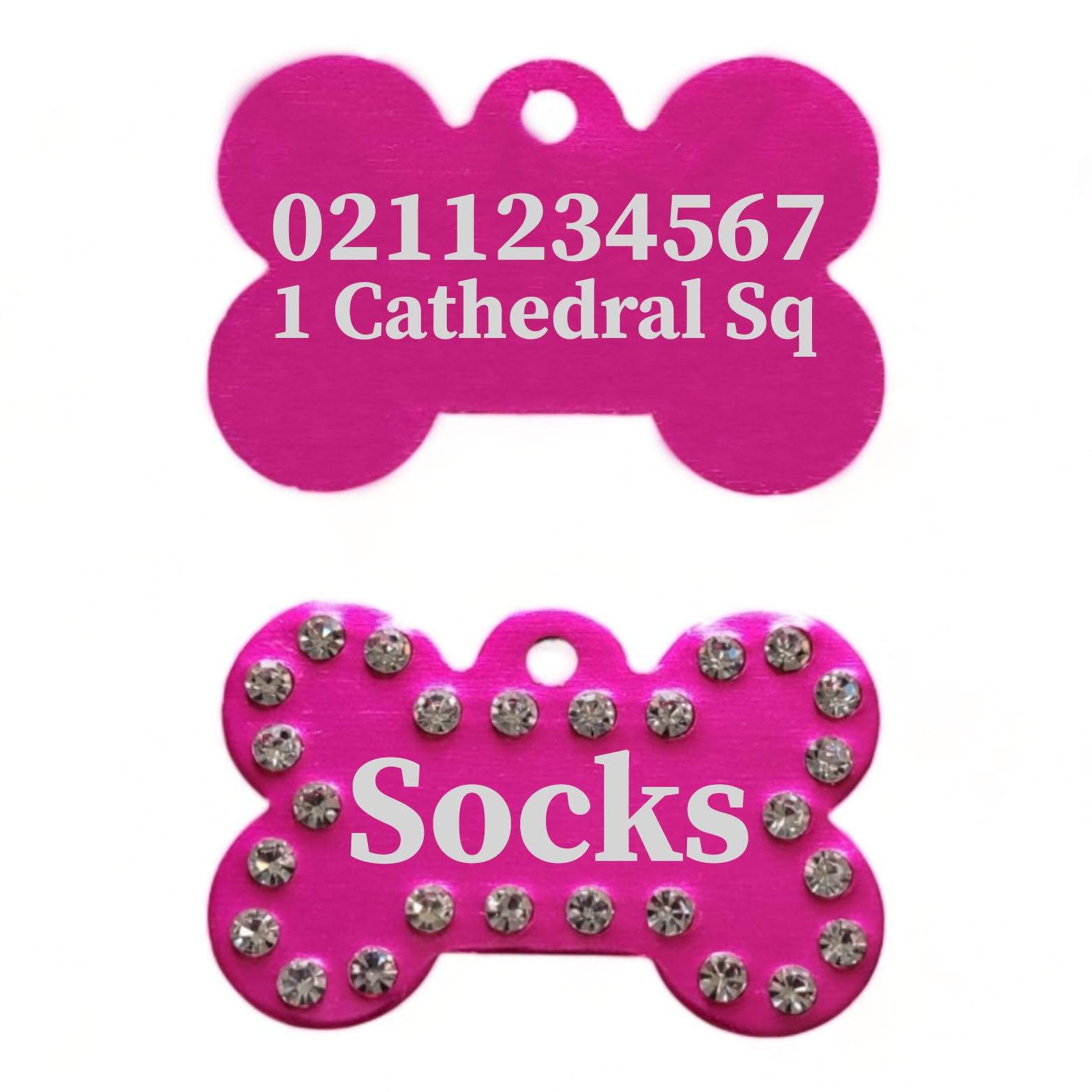 ⭐️Purr. Meow. Woof.⭐️ - Name Front & Number & Address Back | Bling Bone Aluminum | Dog ID Pet Tag - DeepPink