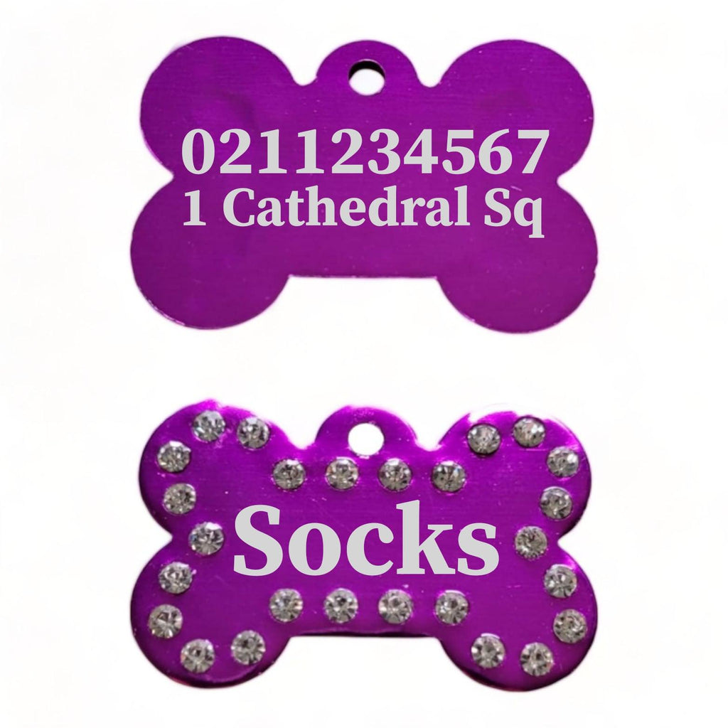 ⭐️Purr. Meow. Woof.⭐️ - Name Front & Number & Address Back | Bling Bone Aluminum | Dog ID Pet Tag - Purple