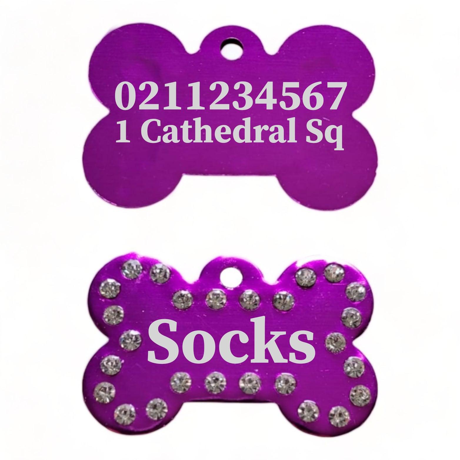 ⭐️Purr. Meow. Woof.⭐️ - Name Front & Number & Address Back | Bling Bone Aluminum | Dog ID Pet Tag - Purple