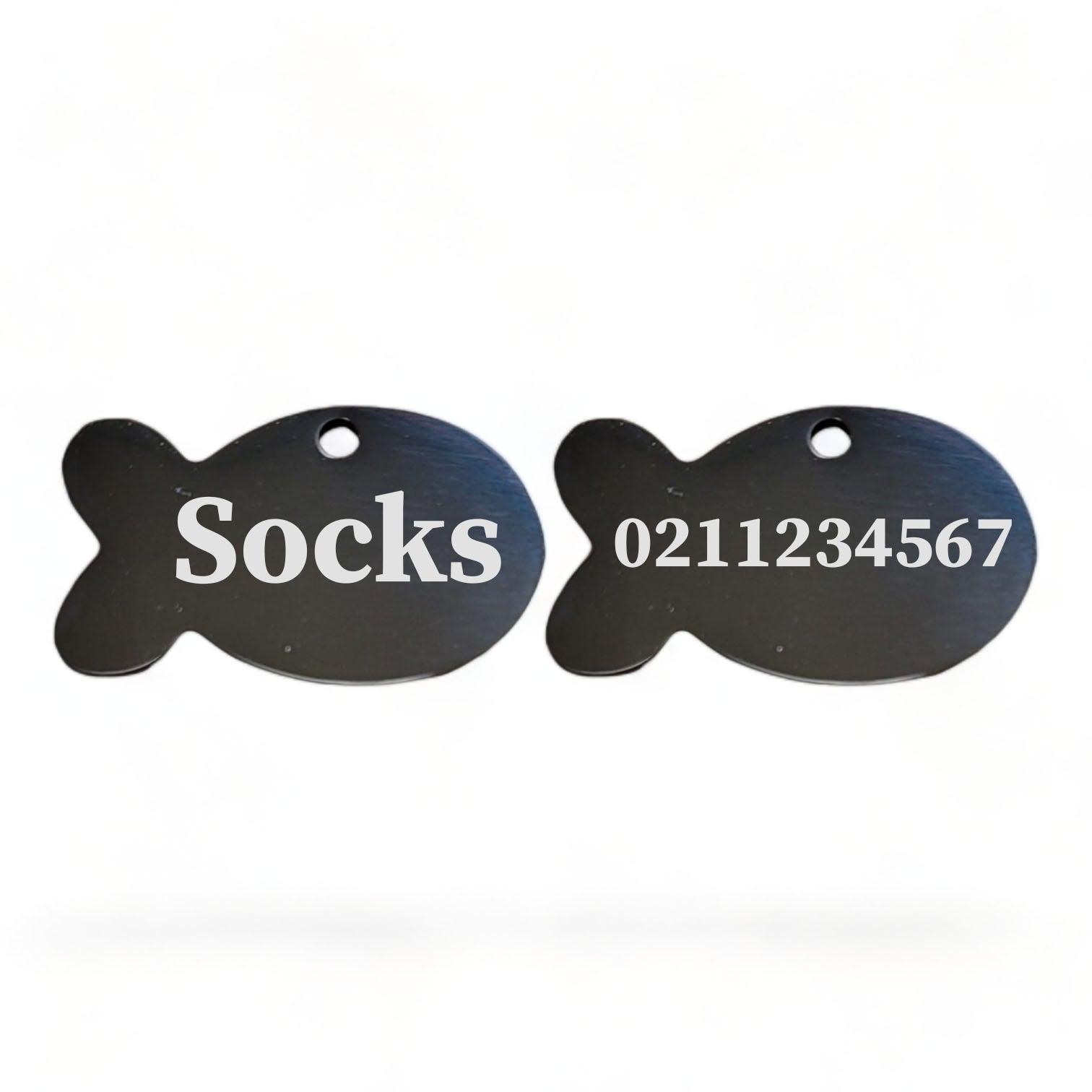 ⭐️Purr. Meow. Woof.⭐️ - Name Front & Number Back Baby Fish | Mirror Stainless | Cat ID Pet Tag - Black