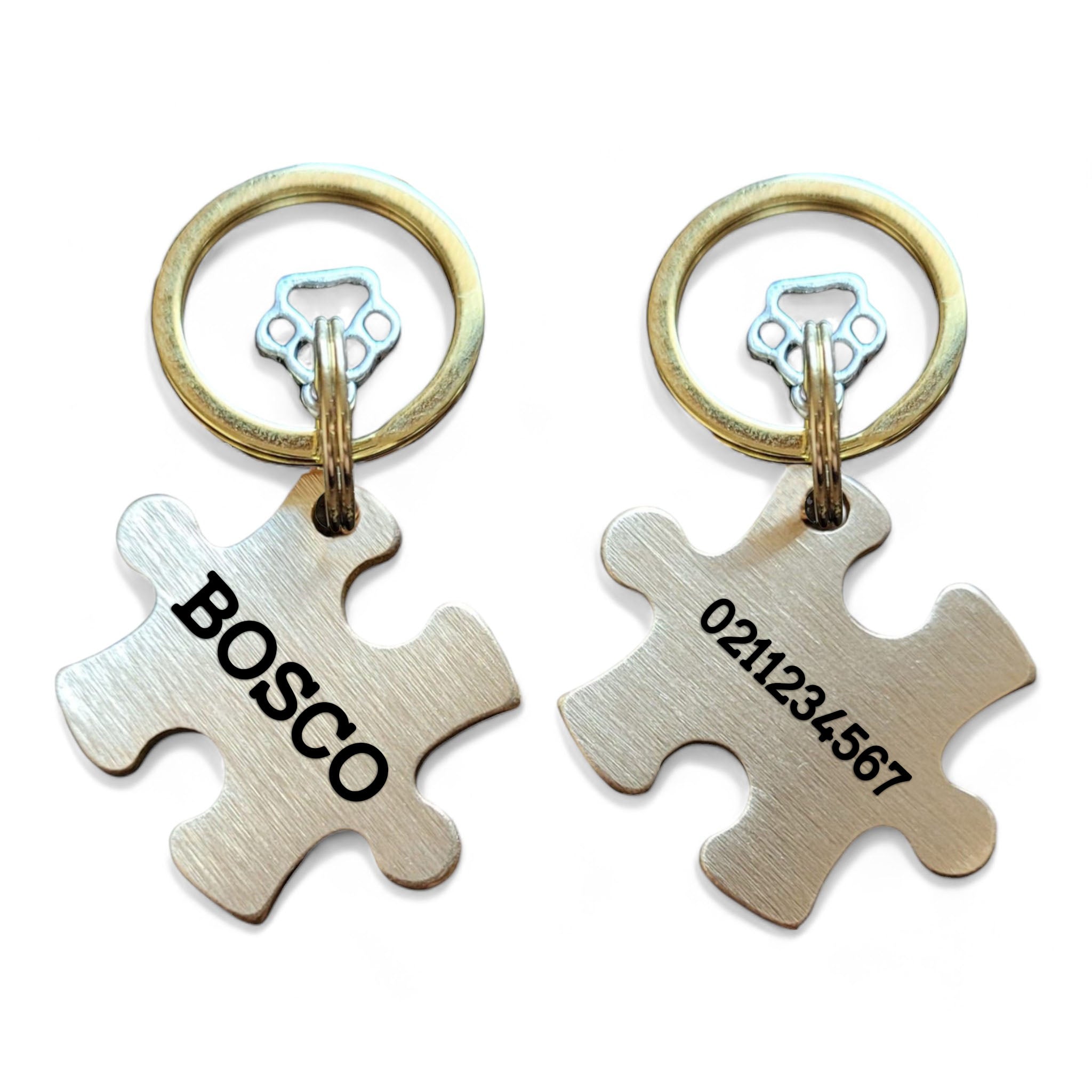 ⭐️Purr. Meow. Woof.⭐️ - Name Front & Number Back | Bespoke Brass | Puzzle Piece Cat & Dog ID Pet Tag - Plain