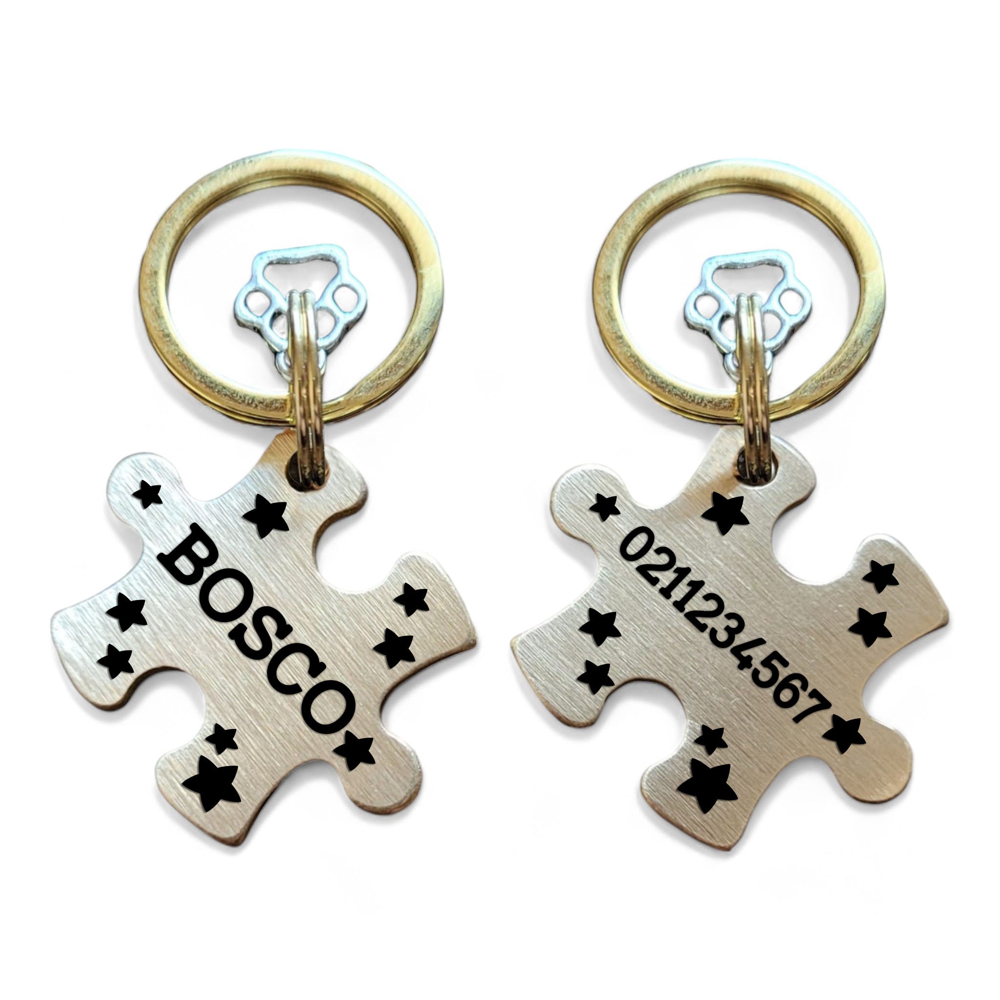 ⭐️Purr. Meow. Woof.⭐️ - Name Front & Number Back | Bespoke Brass | Puzzle Piece Cat & Dog ID Pet Tag - Stars