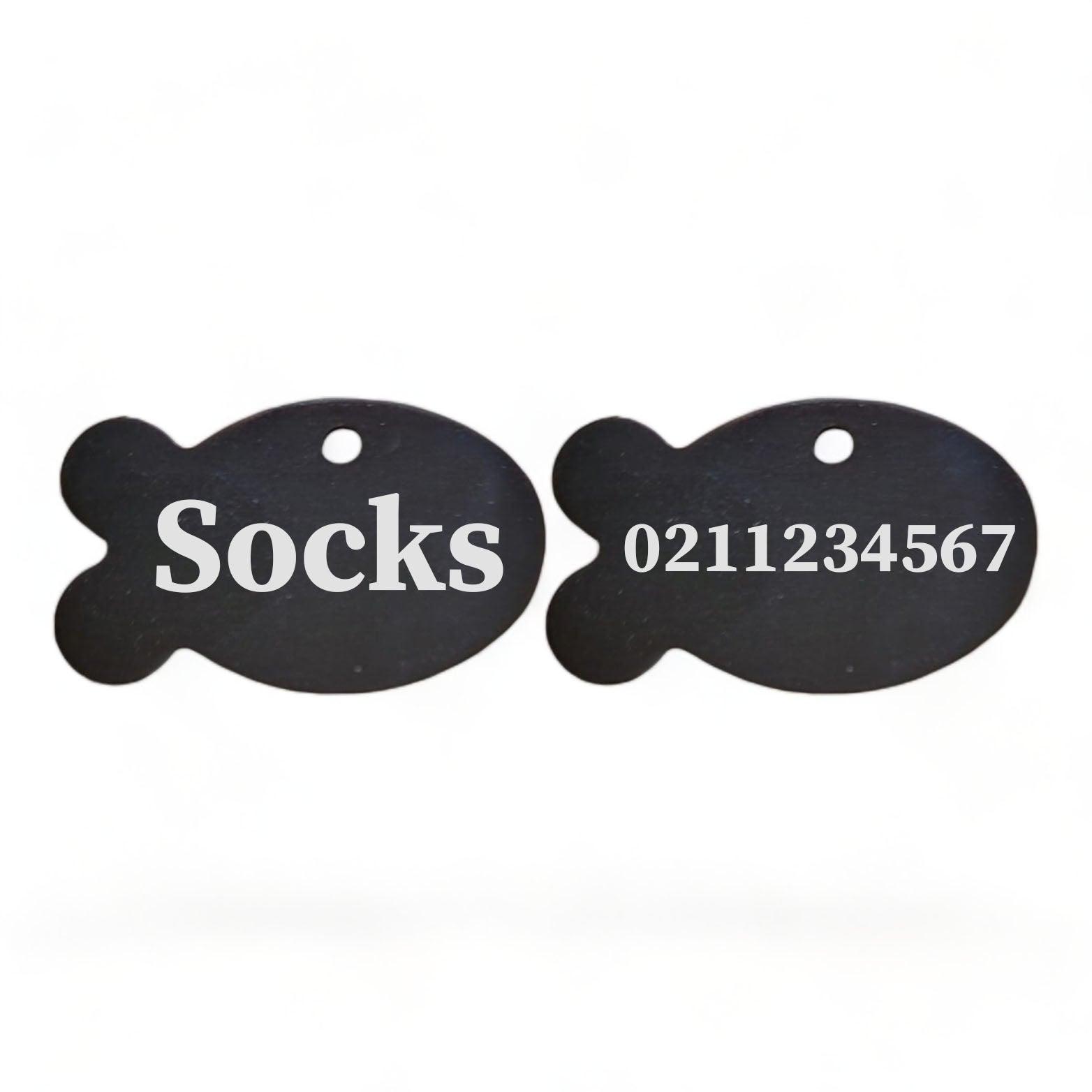 ⭐️Purr. Meow. Woof.⭐️ - Name Front & Number Back | Fish Aluminum | Cat, Kitten & Dog ID Pet Tag - Black