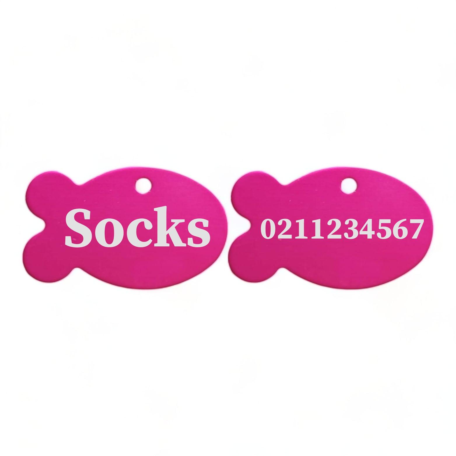 ⭐️Purr. Meow. Woof.⭐️ - Name Front & Number Back | Fish Aluminum | Cat, Kitten & Dog ID Pet Tag - DeepPink