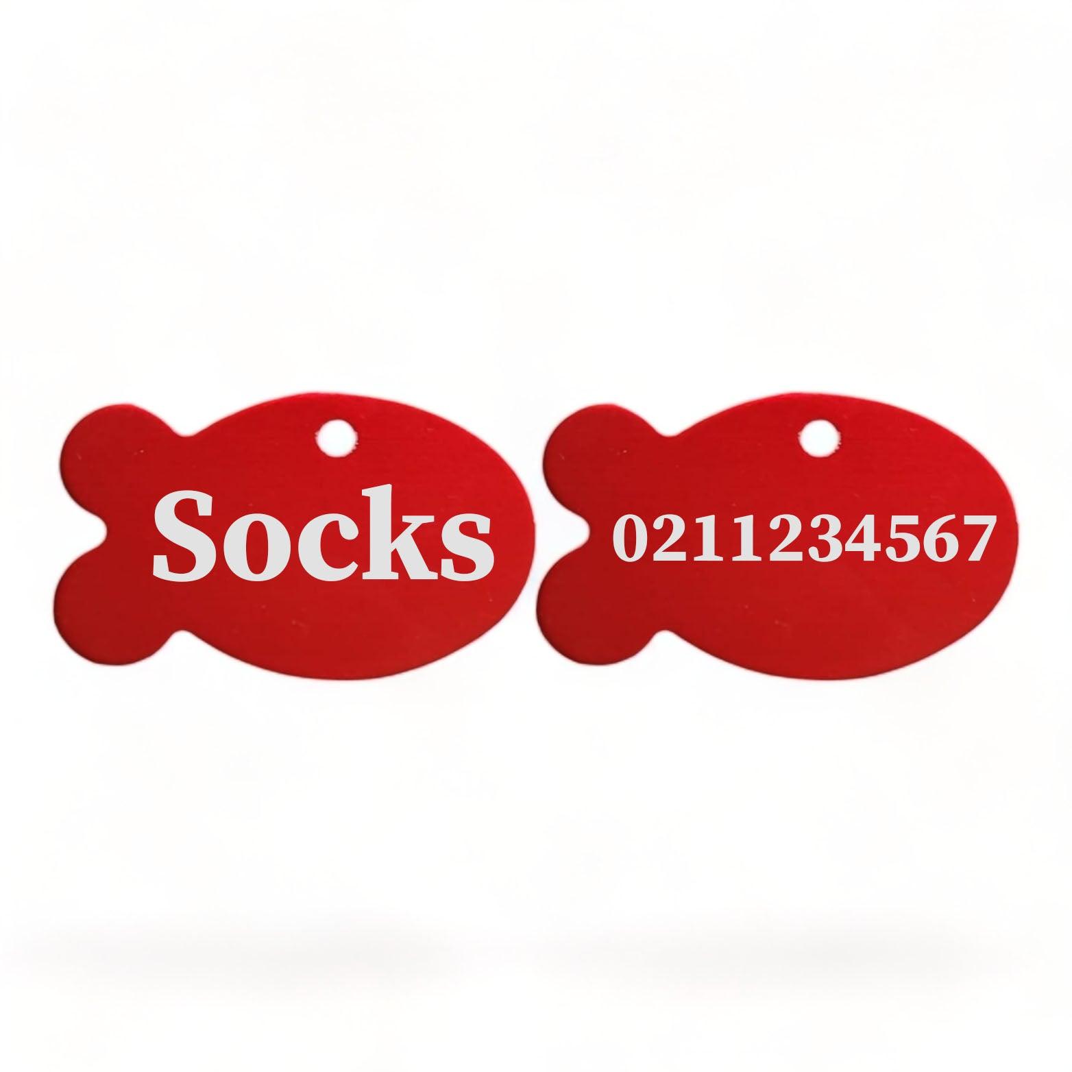 ⭐️Purr. Meow. Woof.⭐️ - Name Front & Number Back | Fish Aluminum | Cat, Kitten & Dog ID Pet Tag - Firebrick