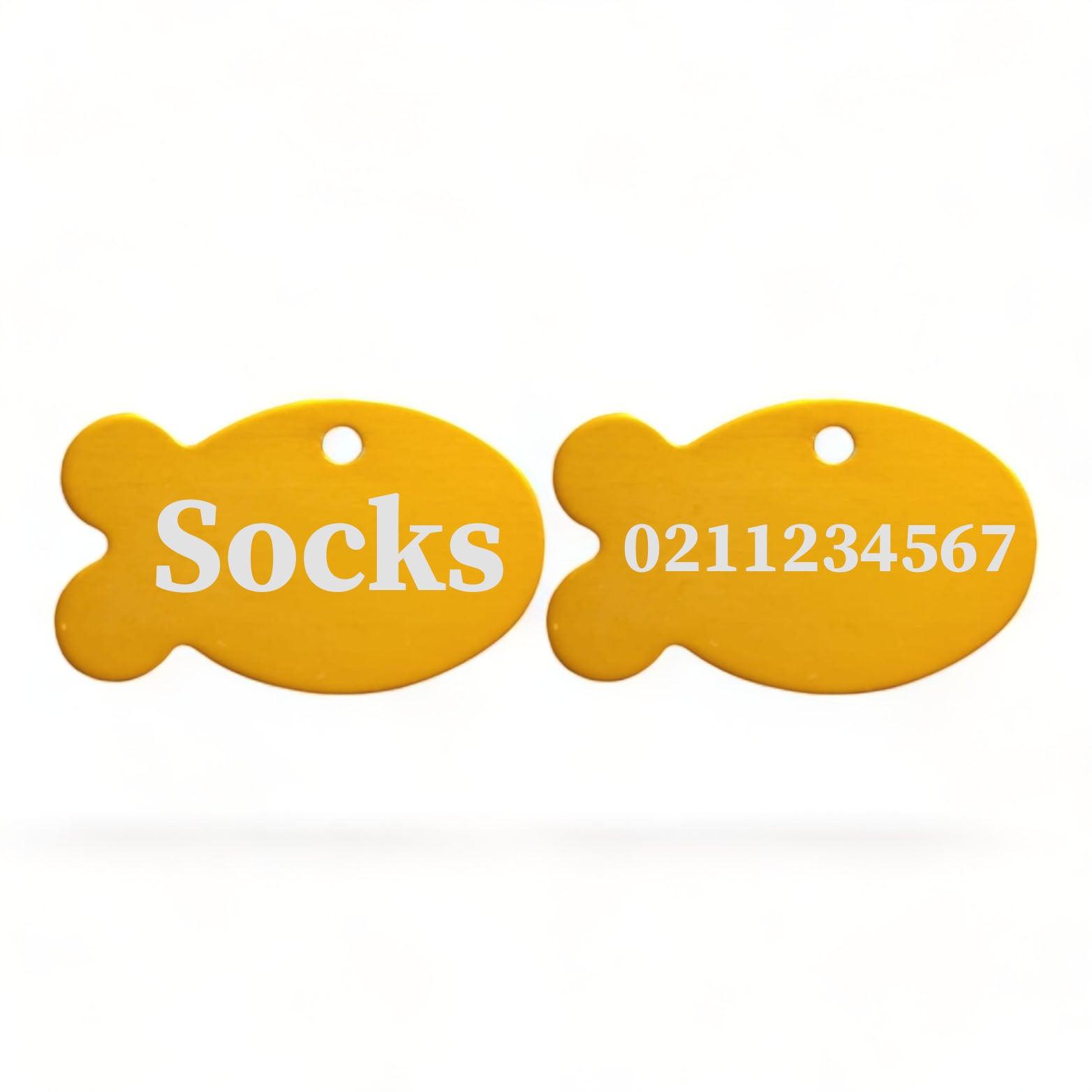 ⭐️Purr. Meow. Woof.⭐️ - Name Front & Number Back | Fish Aluminum | Cat, Kitten & Dog ID Pet Tag - Gold