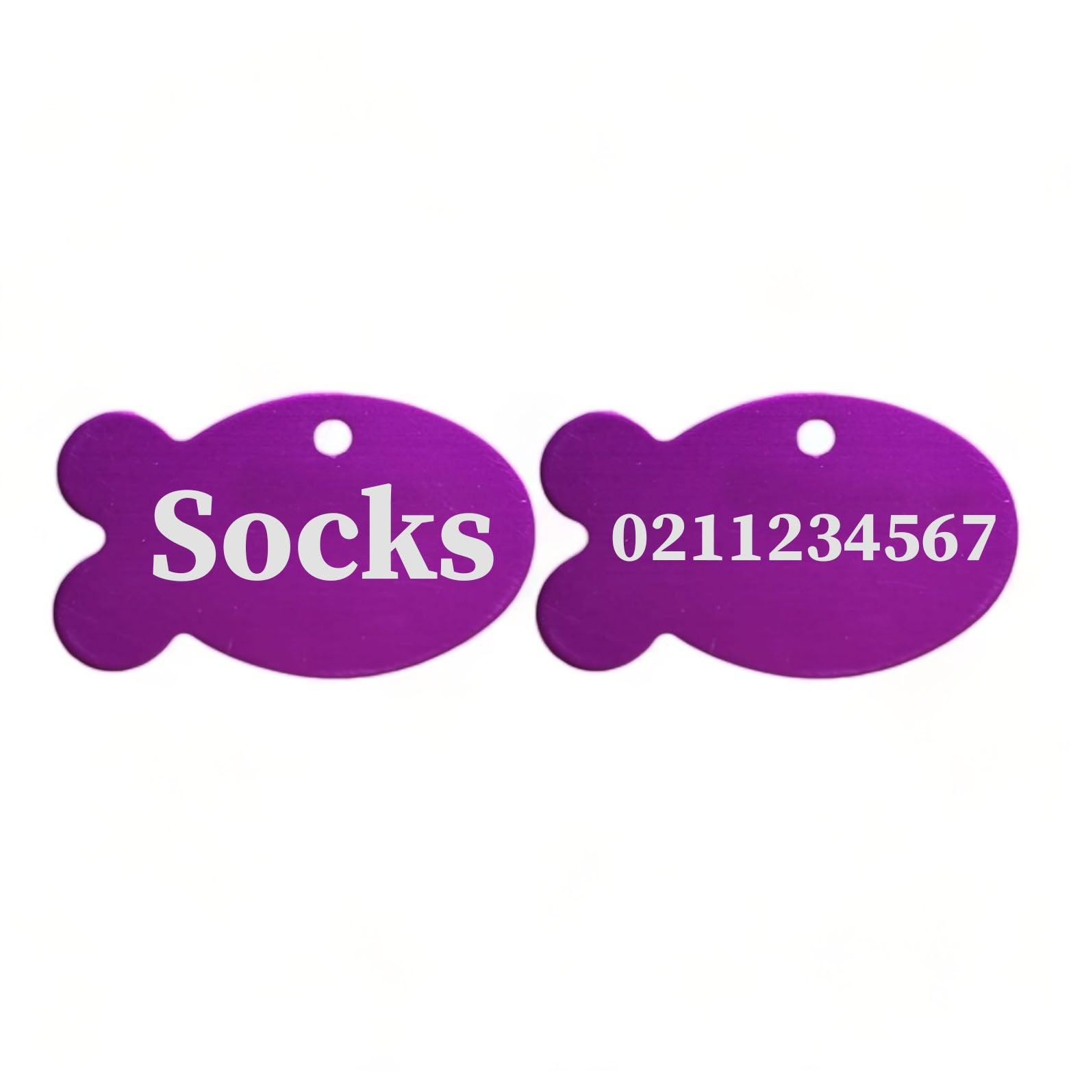 ⭐️Purr. Meow. Woof.⭐️ - Name Front & Number Back | Fish Aluminum | Cat, Kitten & Dog ID Pet Tag - Purple