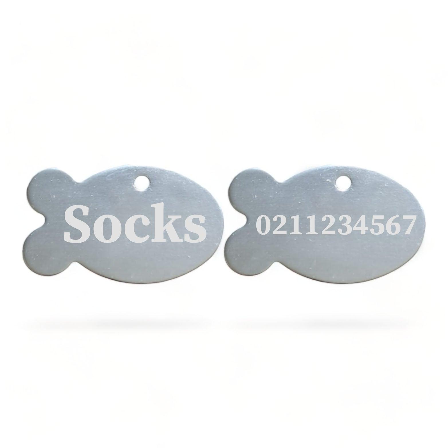 ⭐️Purr. Meow. Woof.⭐️ - Name Front & Number Back | Fish Aluminum | Cat, Kitten & Dog ID Pet Tag - Silver