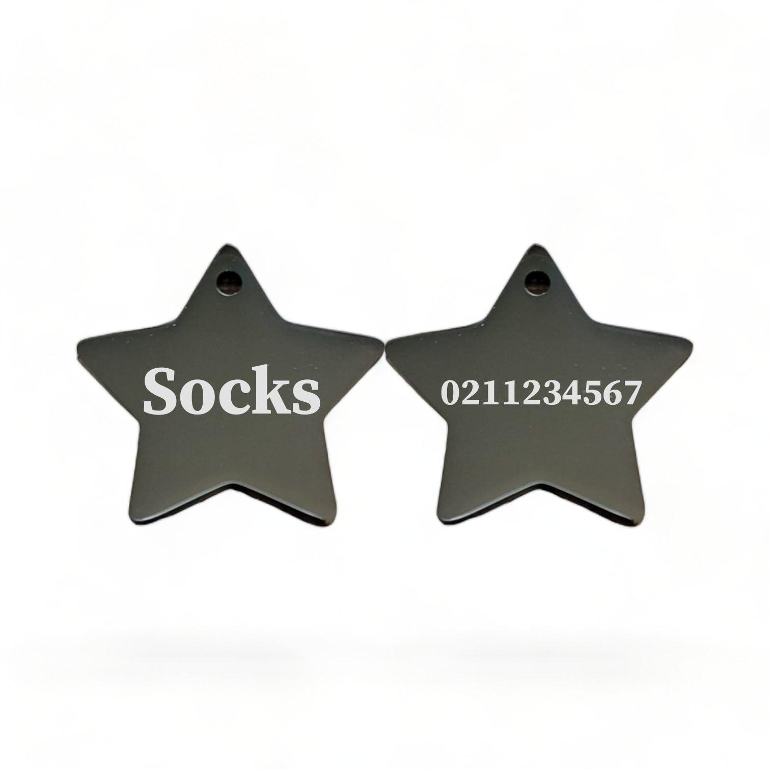 ⭐️Purr. Meow. Woof.⭐️ - Name Front & Number Back | Mirror Stainless | Star Dog & Cat ID Pet Tag - Black / Cat (Small)