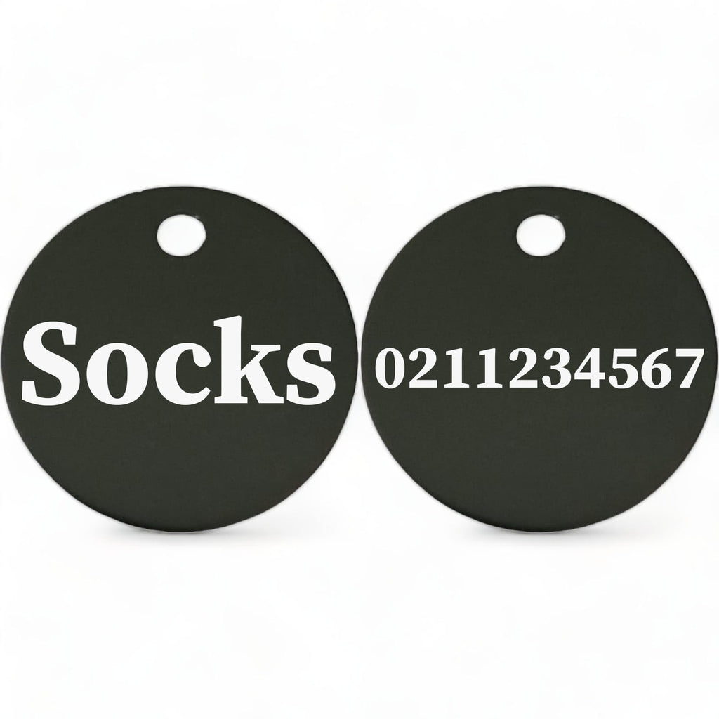 ⭐️Purr. Meow. Woof.⭐️ - Name Front & Number Back | Round Aluminium | Cat, Kitten & Dog ID Pet Tag - Black / Cat (Small)