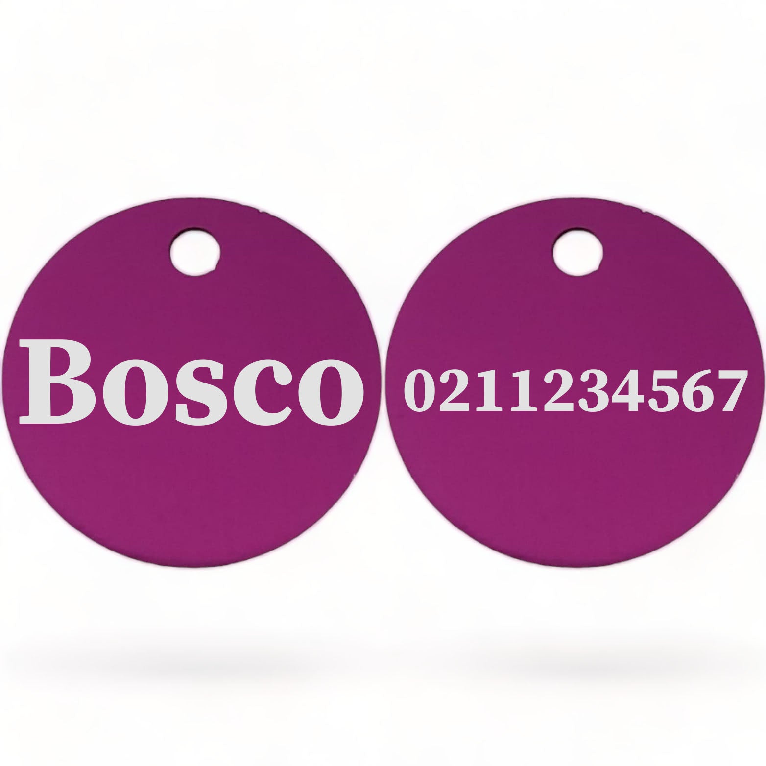 ⭐️Purr. Meow. Woof.⭐️ - Name Front & Number Back | Round Aluminium | Cat, Kitten & Dog ID Pet Tag - Purple / Dog (Large)