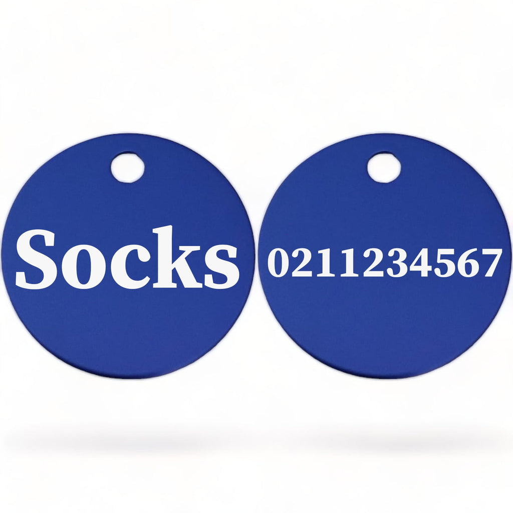 ⭐️Purr. Meow. Woof.⭐️ - Name Front & Number Back | Round Aluminium | Cat, Kitten & Dog ID Pet Tag - RoyalBlue / Cat (Small)