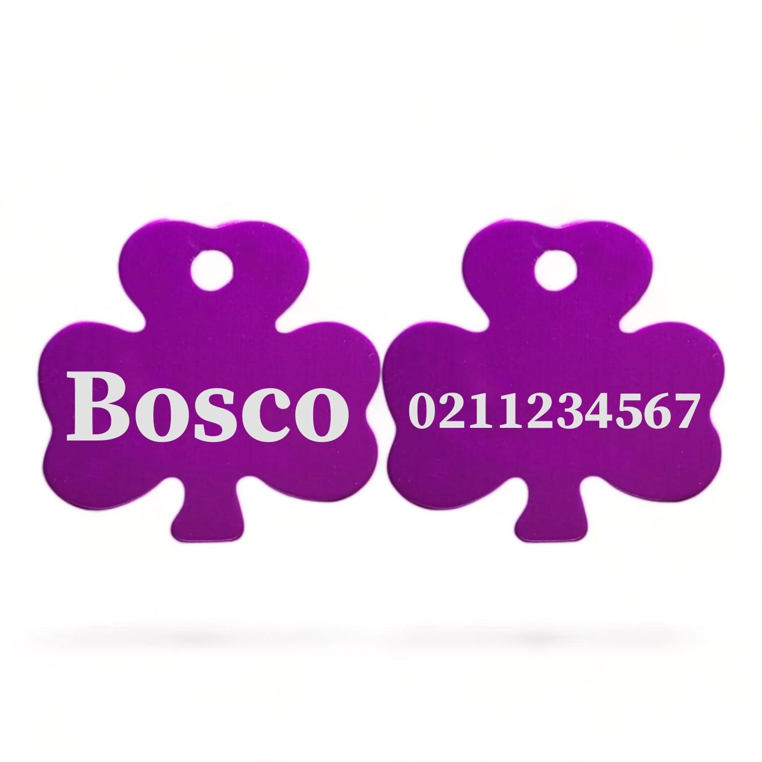 ⭐️Purr. Meow. Woof.⭐️ - Name Front & Number Back | Shamrock Aluminum | Cat, Kitten & Dog ID Pet Tag - Purple